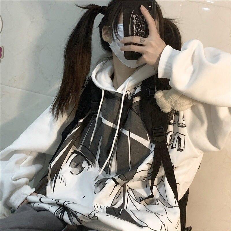 Женская аниме-толстовка с принтом, японская Harajuku Manga Kawaii, милые толстовки с капюшоном, уличная одежда