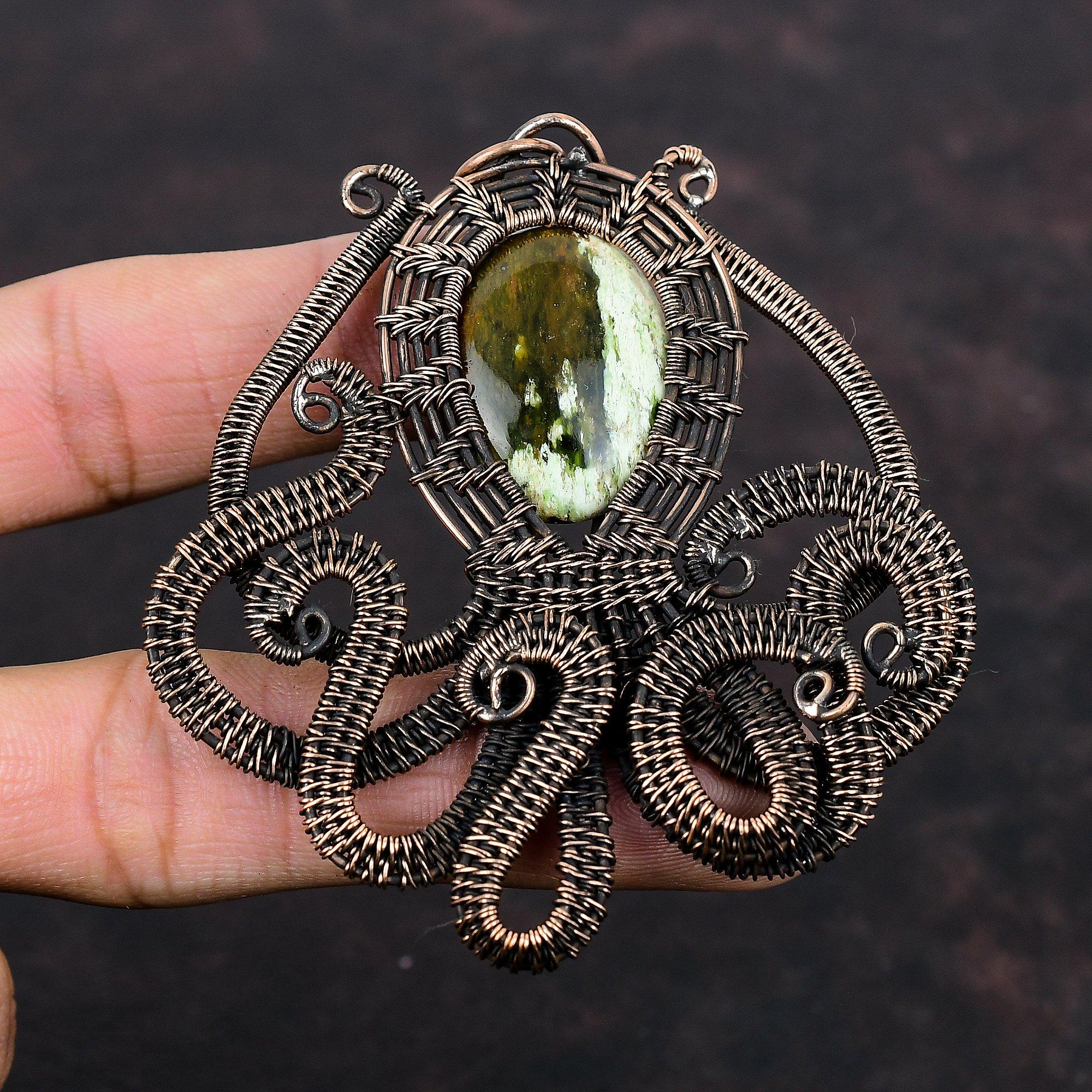 Australian Chrome Chalcedony Pendant Copper Wire Wrapped Pendant Octopus Jewelry Handmade Gemstone Pendant Copper Wire Jewelry Gift For Him