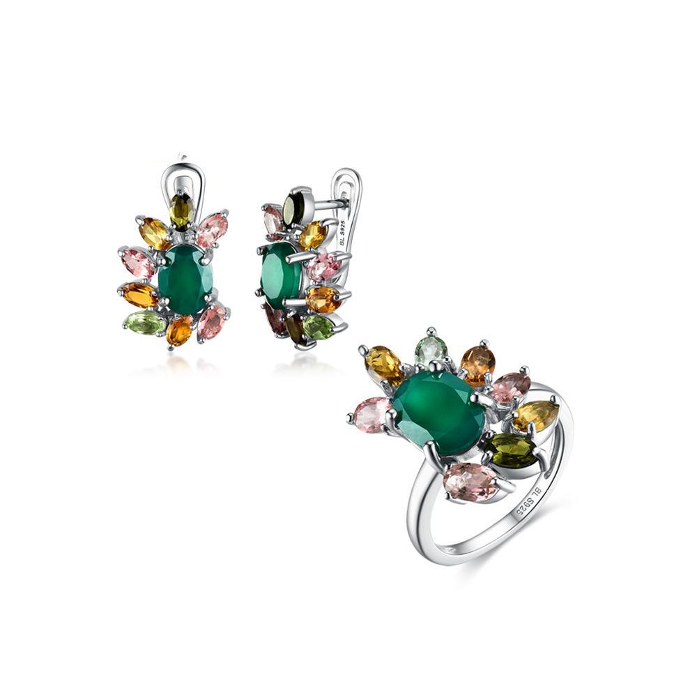 Роскошные серьги-кольца с многоцветным турмалином и натуральным зеленым агатом, комплект ювелирных изделий из стерлингового серебра 925 пробы, ювелирные изделия, подарок на годовщину