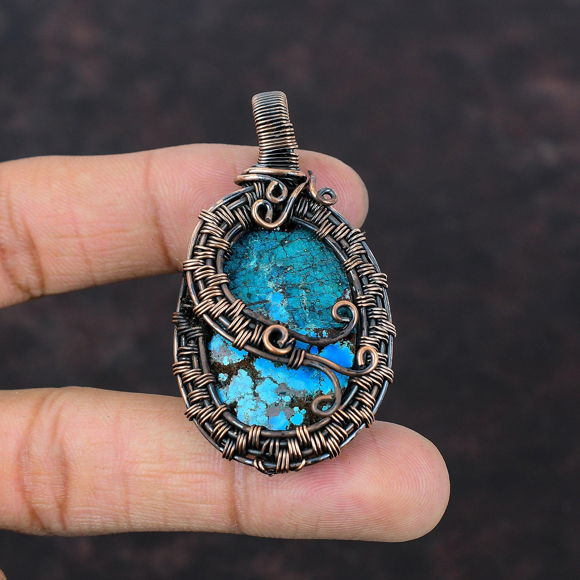 Tibetan Turquoise Copper Pendant Wire Wrapped Pendant Handmade Pendant Wire Wrap Jewelry Gemstone Pendant Gift For Mom Dainty Copper Jewelry