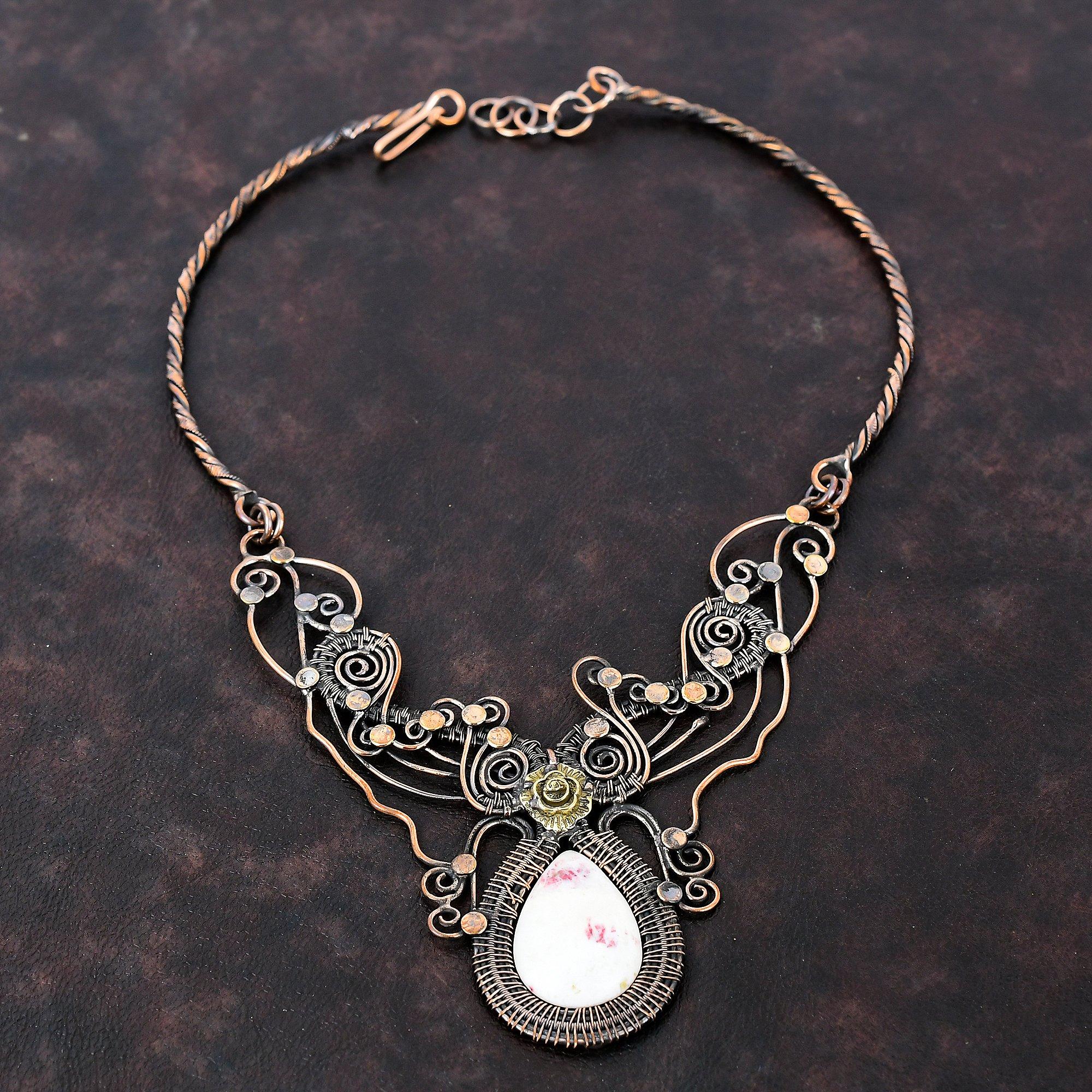 Ожерелье из киновари, обернутое медной проволокой, регулируемое ожерелье, красивые медные украшения, ожерелье из драгоценных камней, подарок для жены, ювелирные изделия ручной работы