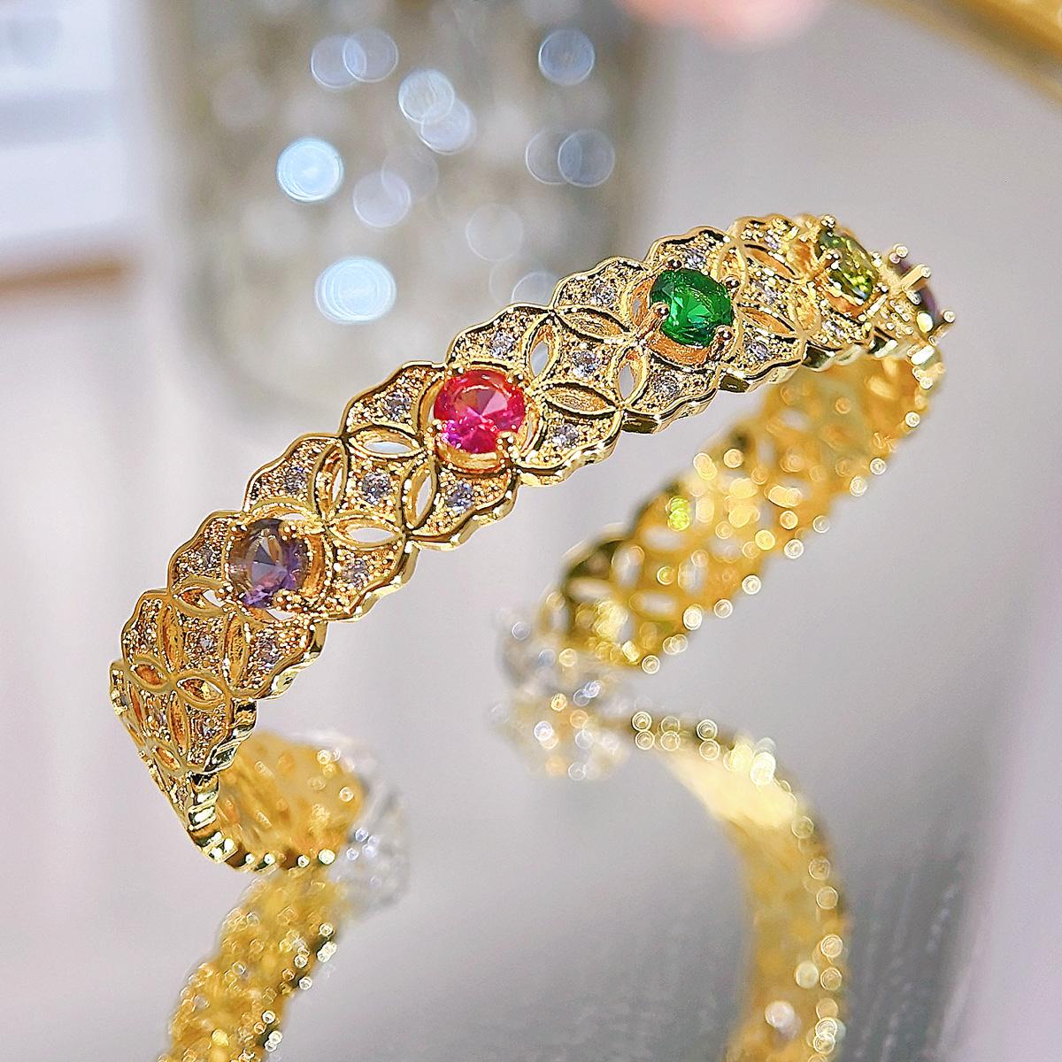 WWJ Royal And Noble Party Wedding Golden Регулируемый открывающийся браслет Роскошные ретро женские ювелирные аксессуары Цветные браслеты с цирконием CZ