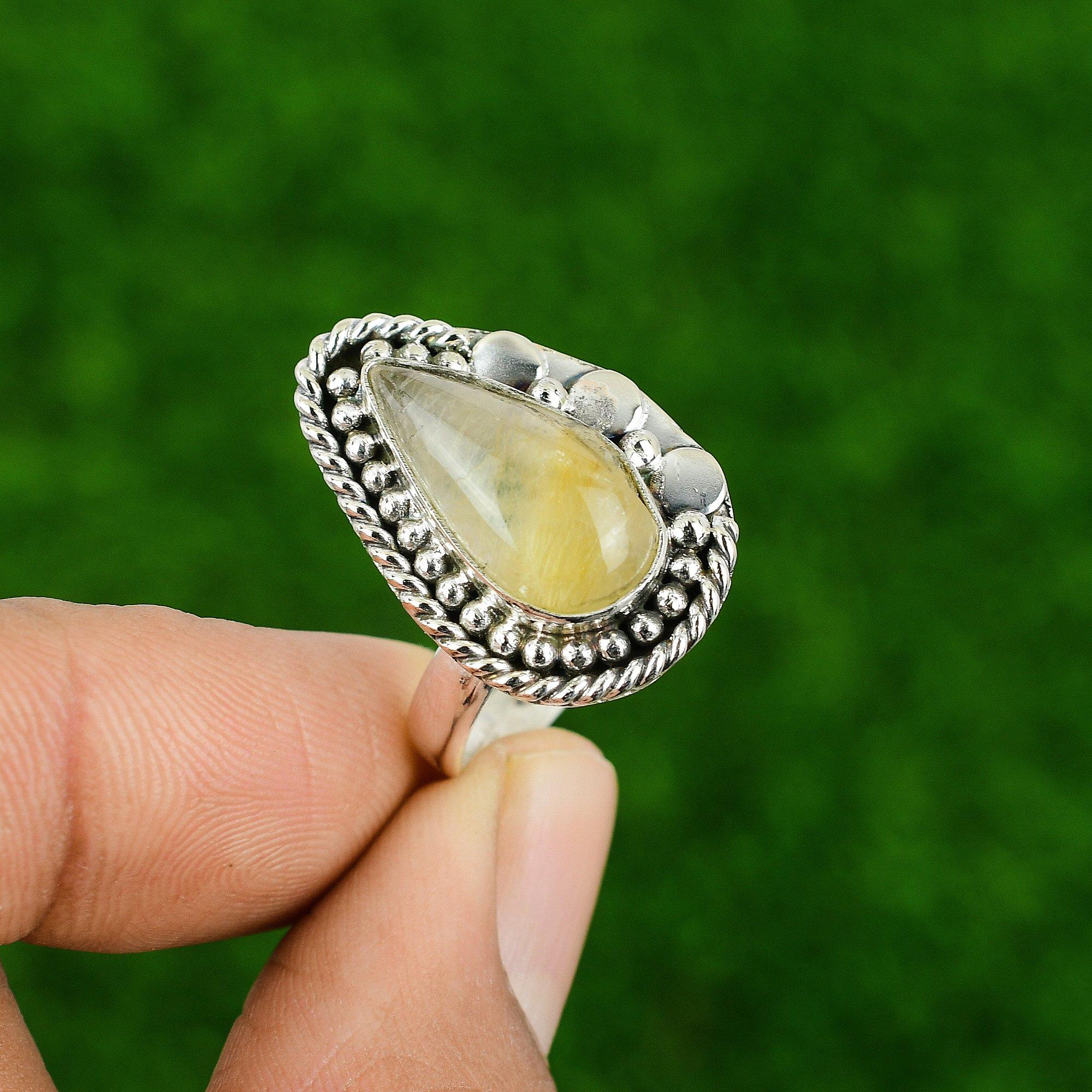 925 Sterling Silver Natural Golden Rutile Sister Statement Promise Birthday Ring