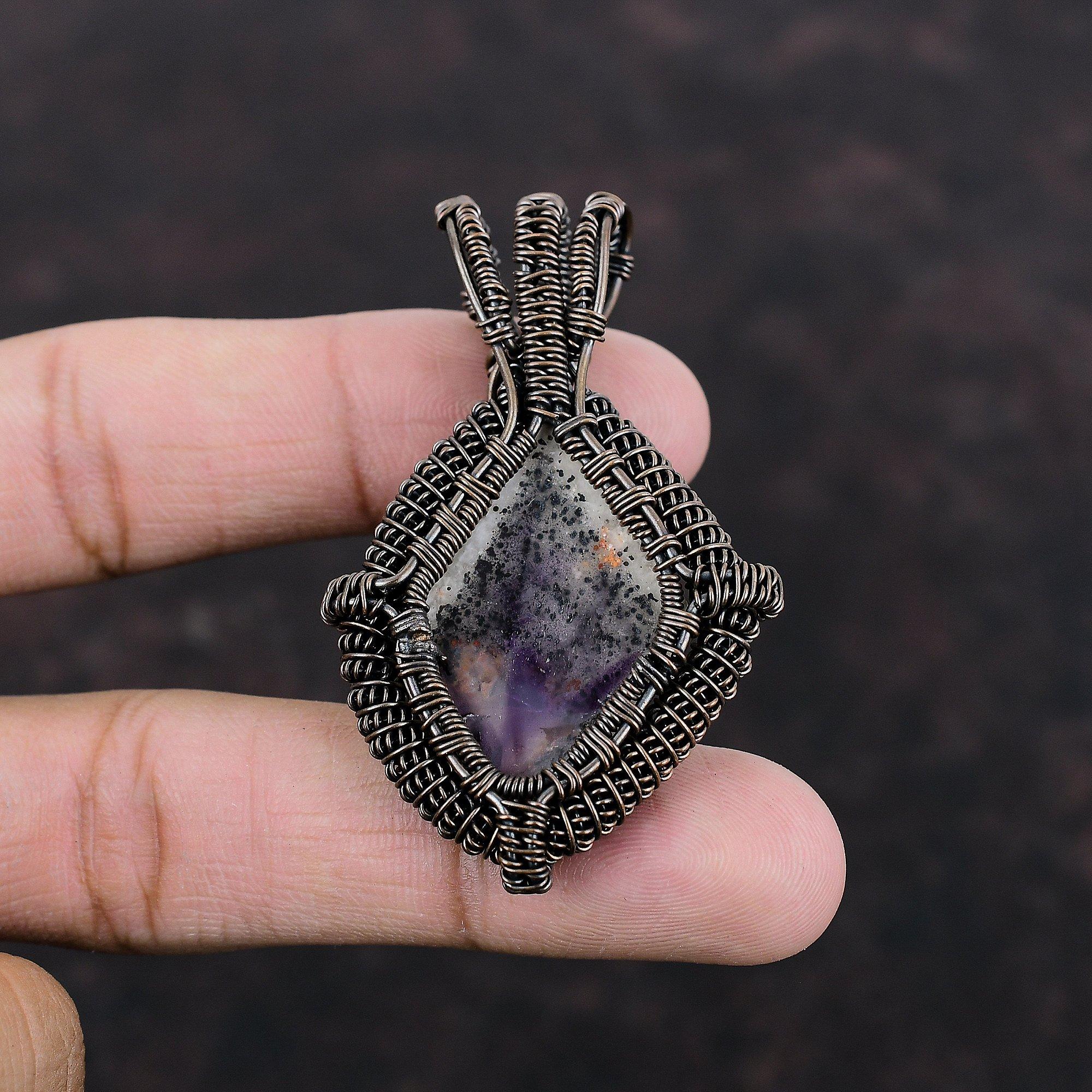 Кулон из драгоценного камня аметист 23, медная проволока, обернутая в кулон, уникальное медное ювелирное изделие, элегантный кулон, ручная работа, проволочное ювелирное изделие для подарка