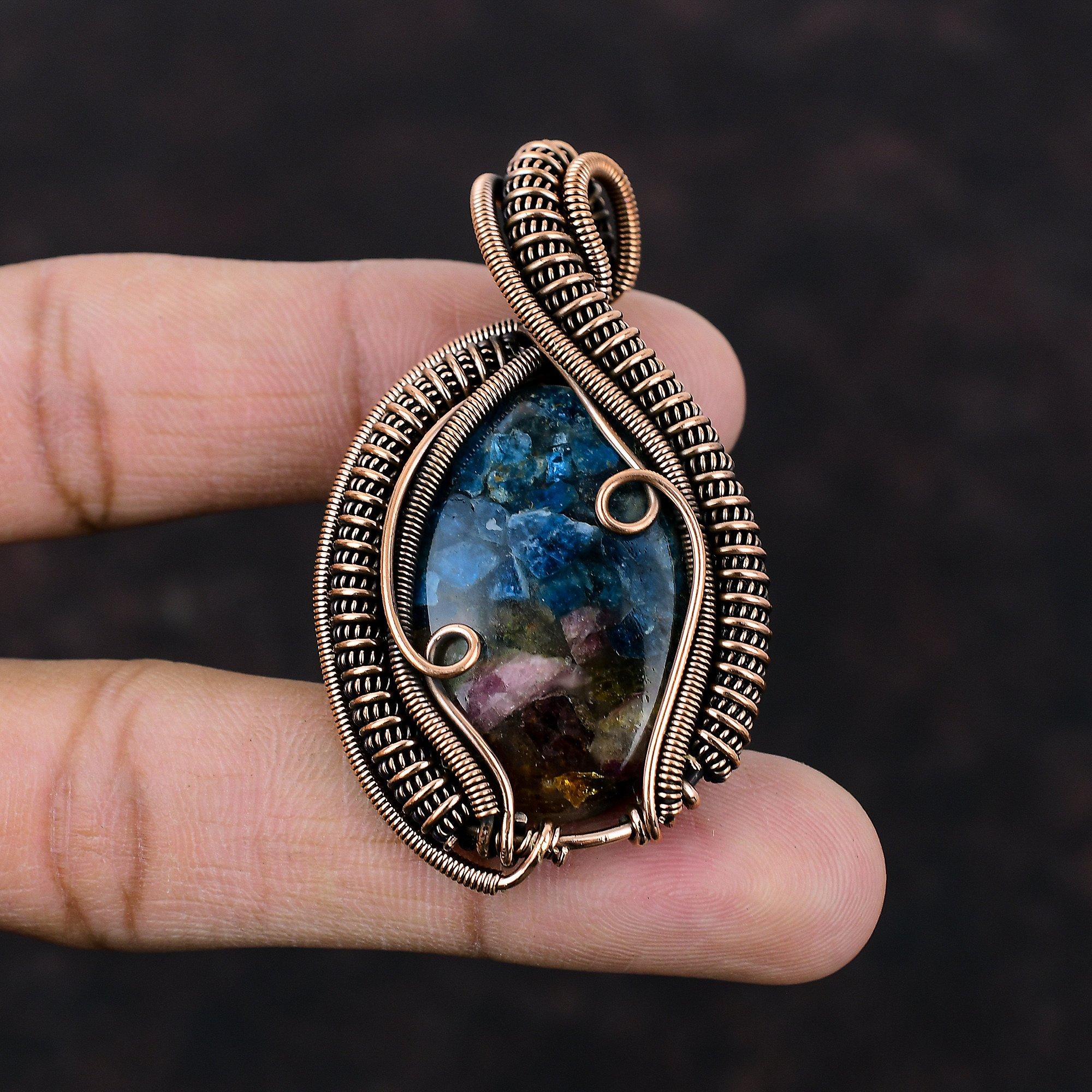 Подвеска с арбузным турмалином, обернутая медной проволокой, кулон ручной работы, оригинальный кулон из драгоценных камней, медная проволока, подарок на помолвку