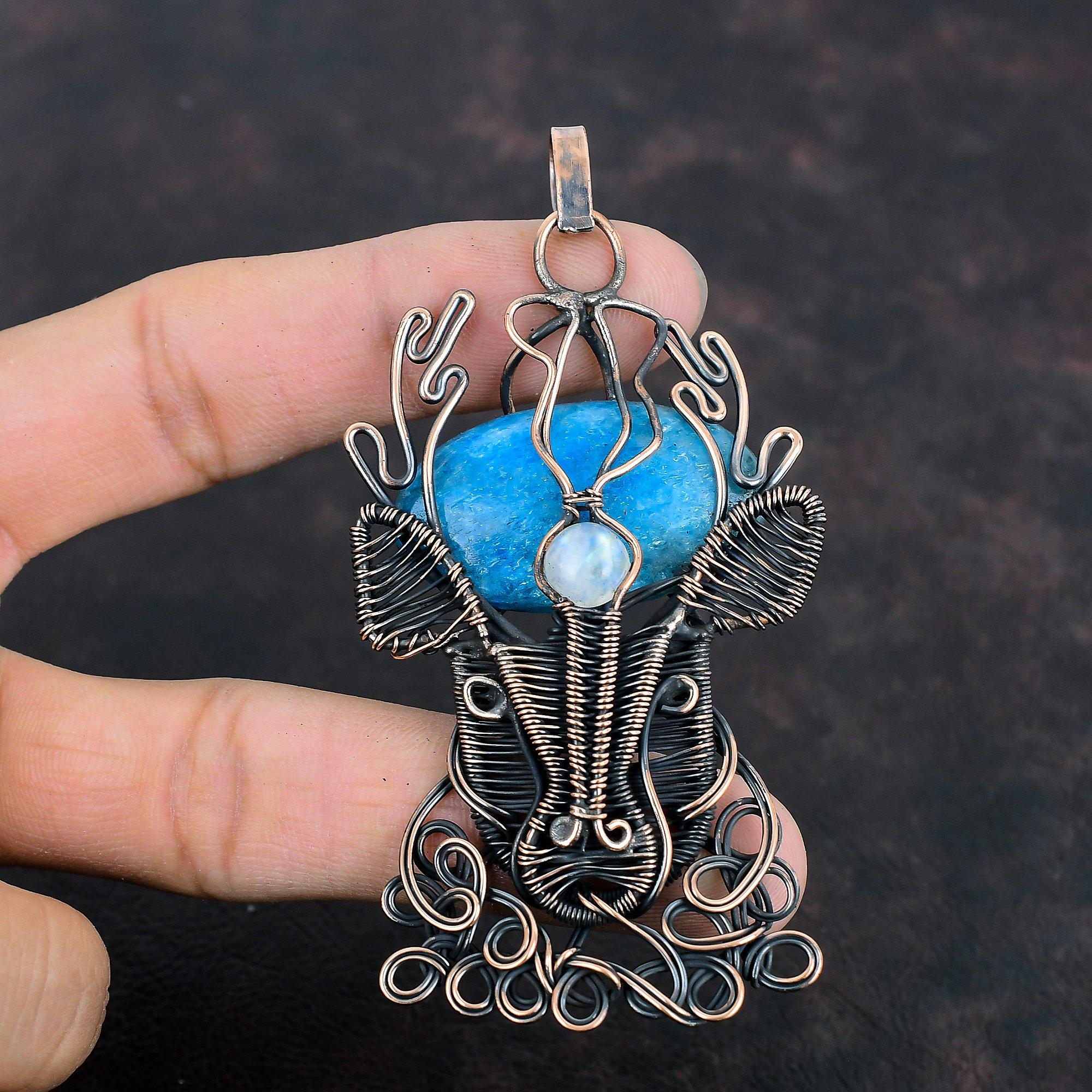 Neon Apatite Pendant Copper Wire Wrapped Pendant Rainbow Moonstone Pendant Handmade Deer Face Pendant Copper Gemstone Jewelry Gifts For Him