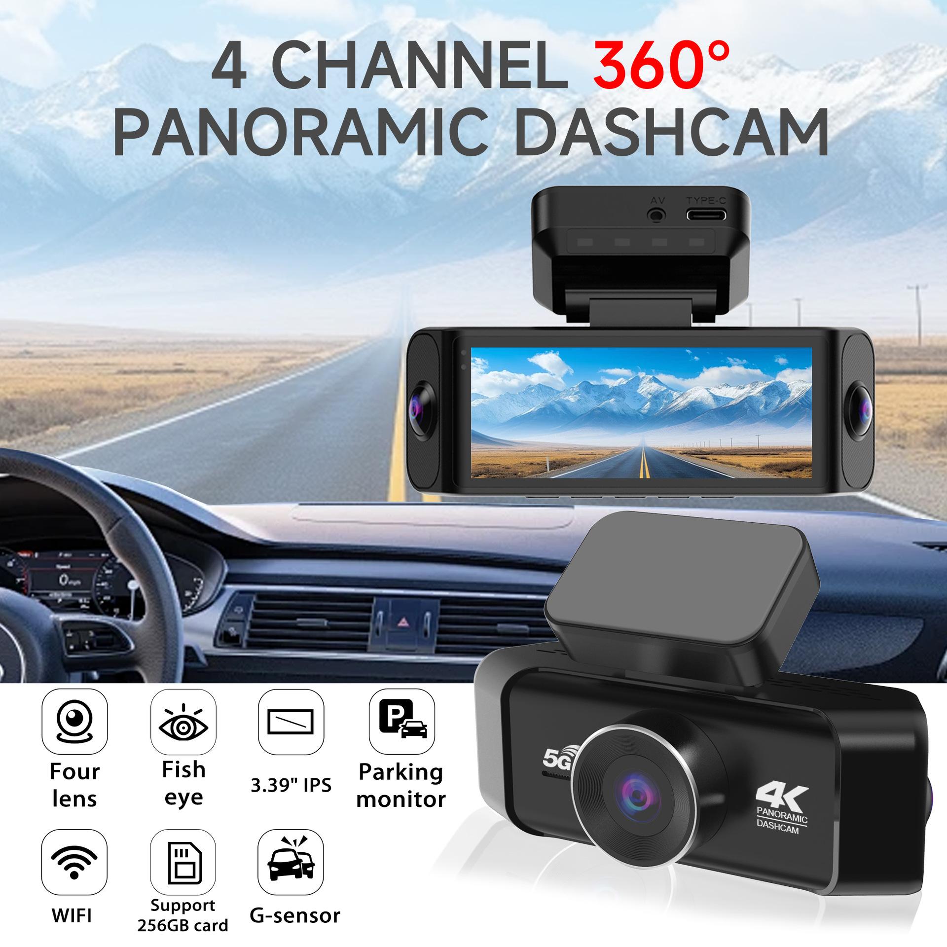 4K 360° Quad HD Dash Cam, Night Vision, WiFi, 4 Lenses, Rear Backup Camera