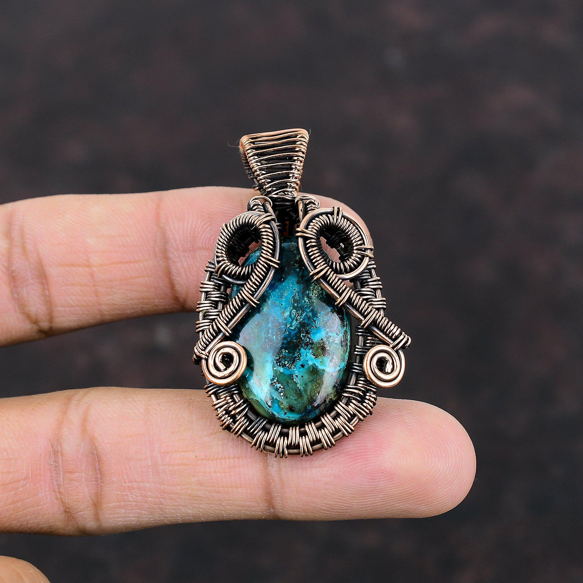 Кулон из хризоколлы, медная проволока, кулон, кулон ручной работы, медные украшения, подвеска из натурального драгоценного камня, подарок для матери, ювелирные изделия из хризоколлы