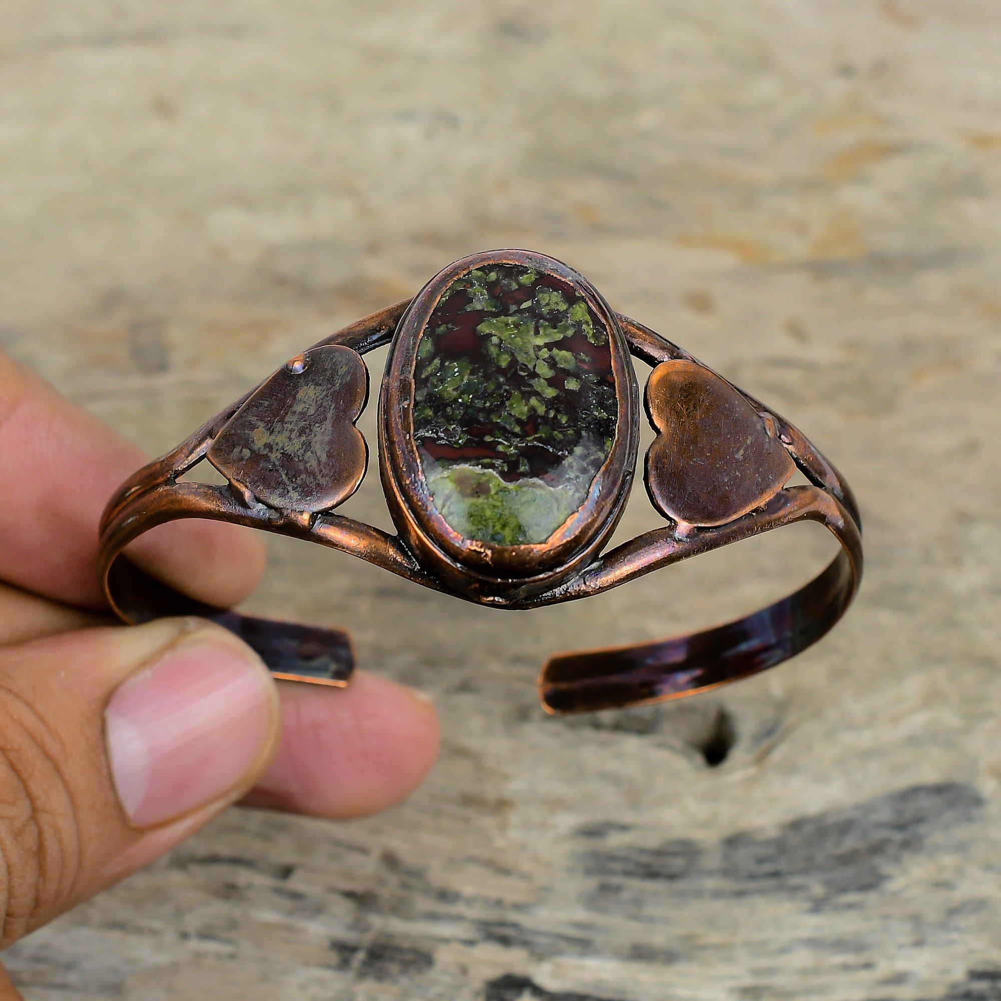 Браслет из драконьей яшмы, гальванопластика, медь, регулируемый браслет-манжета, браслет с драгоценным камнем, гальванопластическое украшение, браслет ручной работы, подарки для женщин