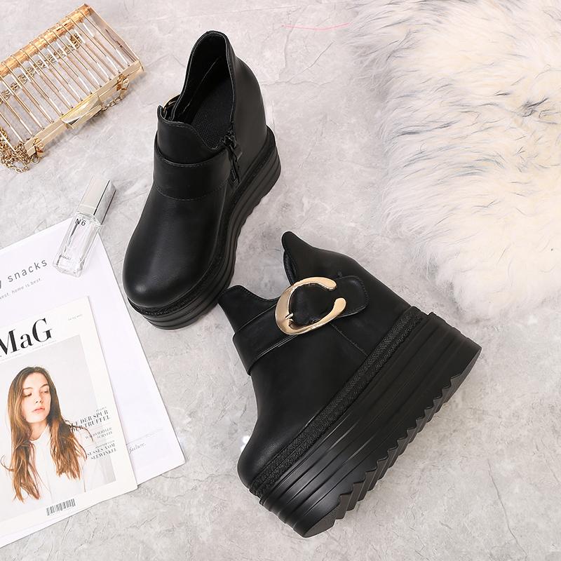 Gdgydh Модные женские ботильоны на танкетке с пряжкой, короткие ботинки на плоской платформе и каблуке с металлическим декором, увеличивающие рост, на молнии