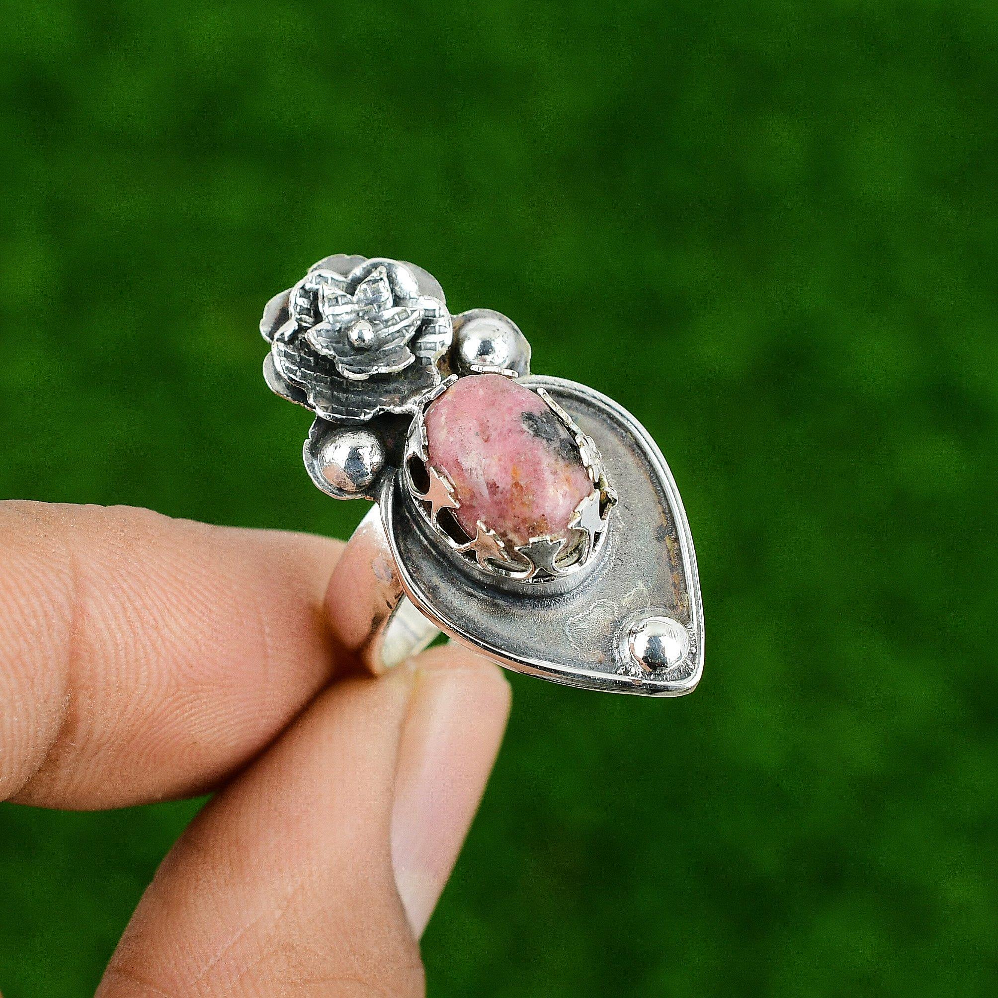 Gift For Her 925 Silver Natural Rhodonite Statement Flower Adjustable Ring