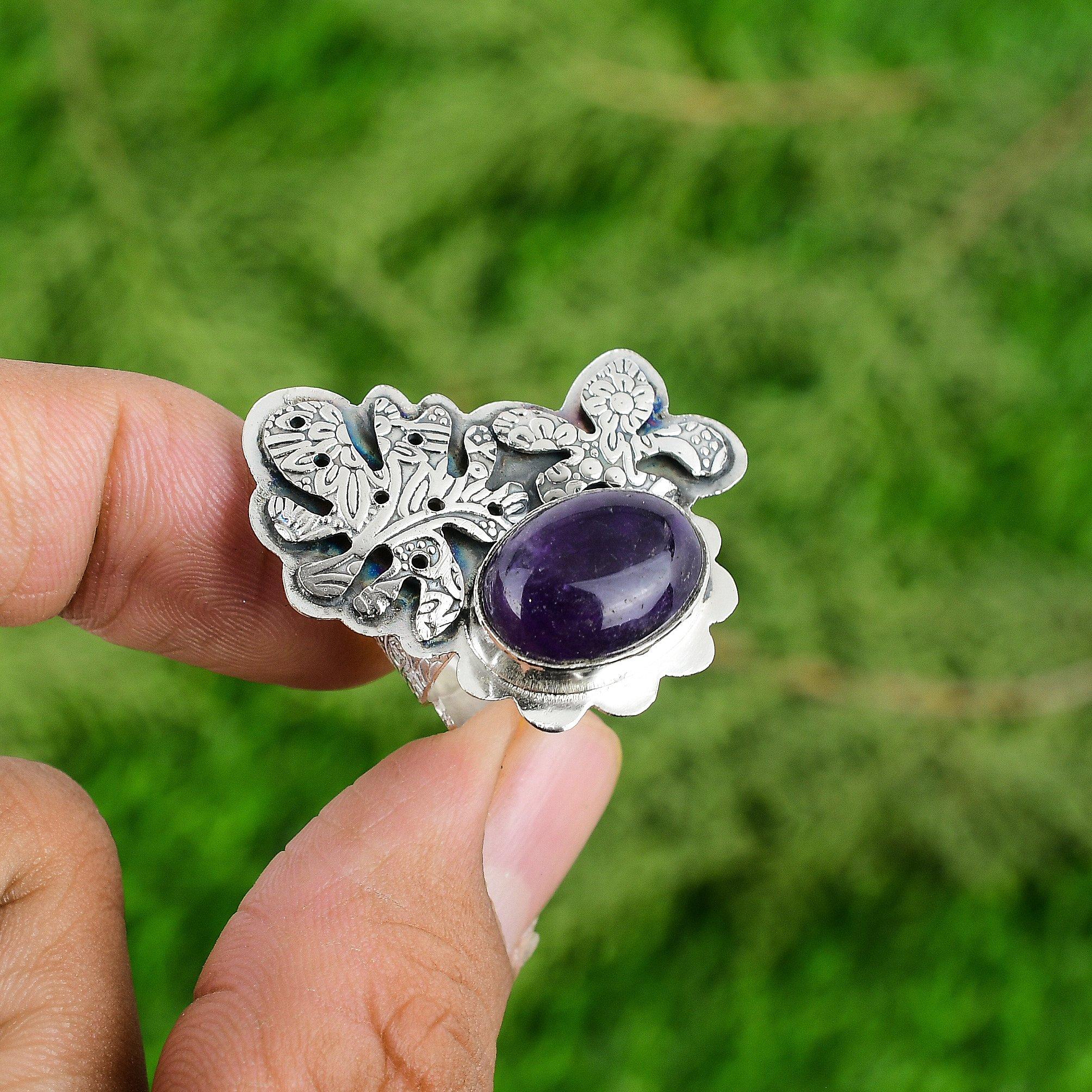 Mothers day Deal 925 Sterling Silver African Amethyst Gemstone Statement Ring