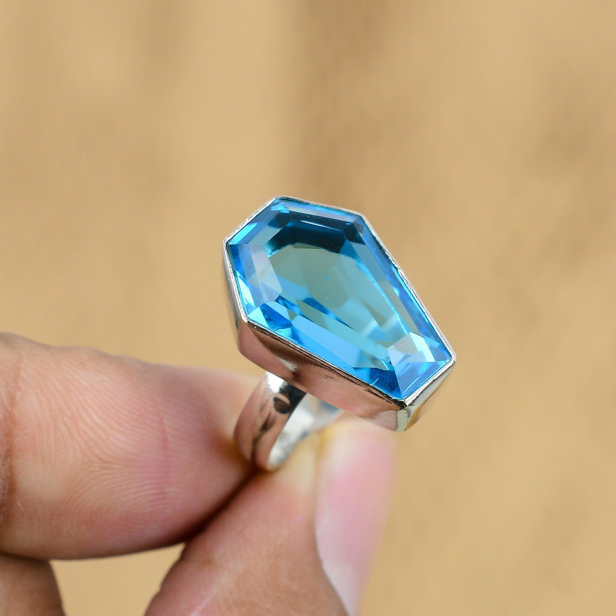 Серебро 925 пробы Камень Швейцарский голубой топаз Кольцо-заявление Обещание дочери Гроб США 7,75