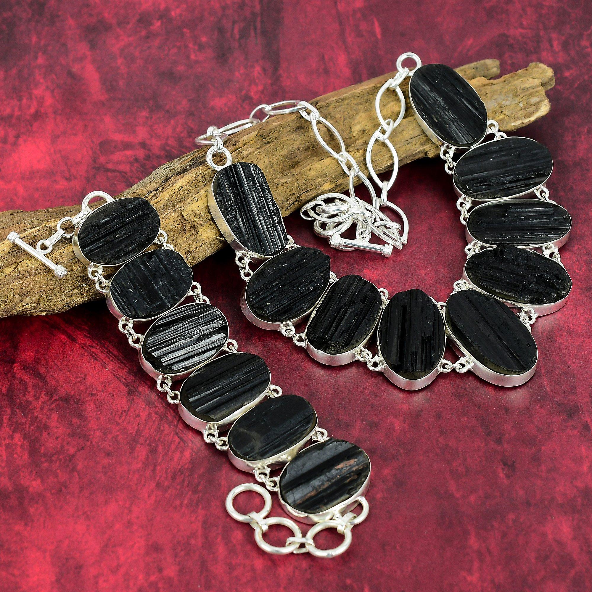 Черный турмалин, грубая проба из стерлингового серебра 925 пробы, ожерелье и браслет, комплект ювелирных изделий, комплект ювелирных изделий из драгоценных камней, удивительные украшения ручной работы для нее