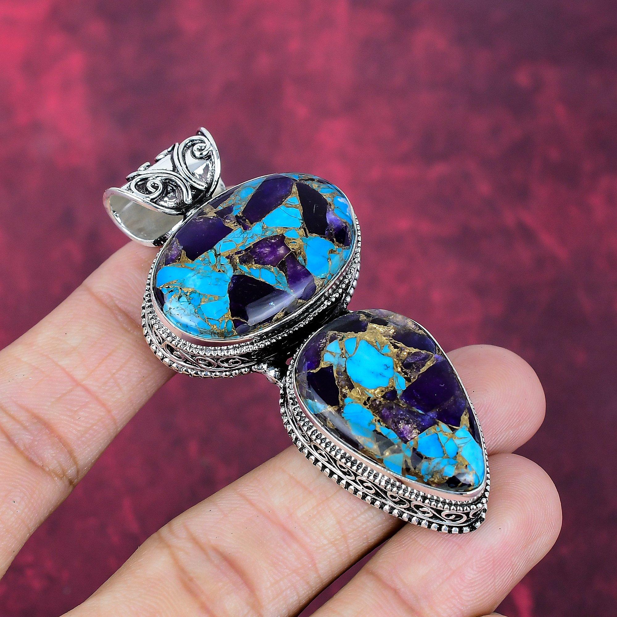 Медный Аметист Бирюза Кулон из драгоценных камней ручной работы, Кулон из стерлингового серебра 925 пробы, Антикварные украшения, Для Дня памяти