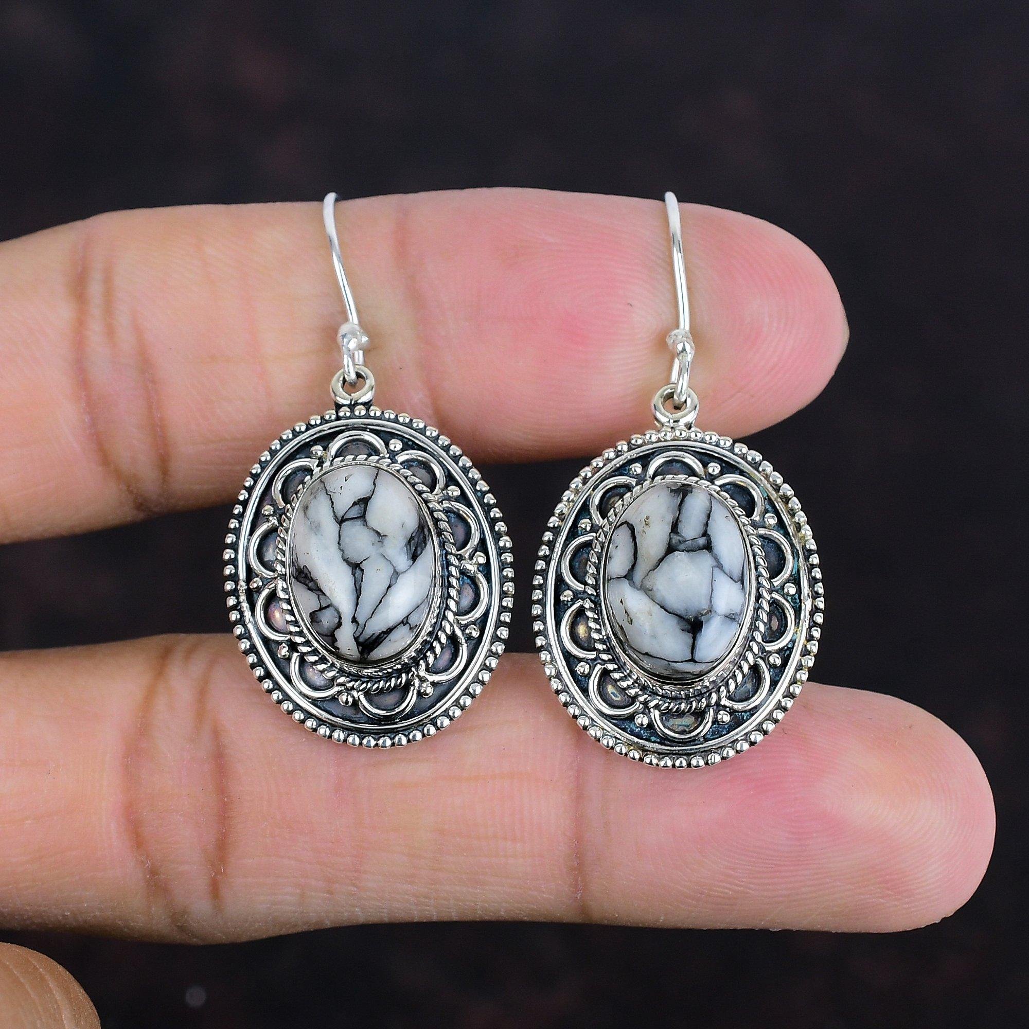 Серьги из настоящего драгоценного камня Pinolith Jasper, серьги из стерлингового серебра 925 пробы, винтажные серьги, дизайнерские ювелирные изделия ручной работы, висячие серьги, подарки для нее