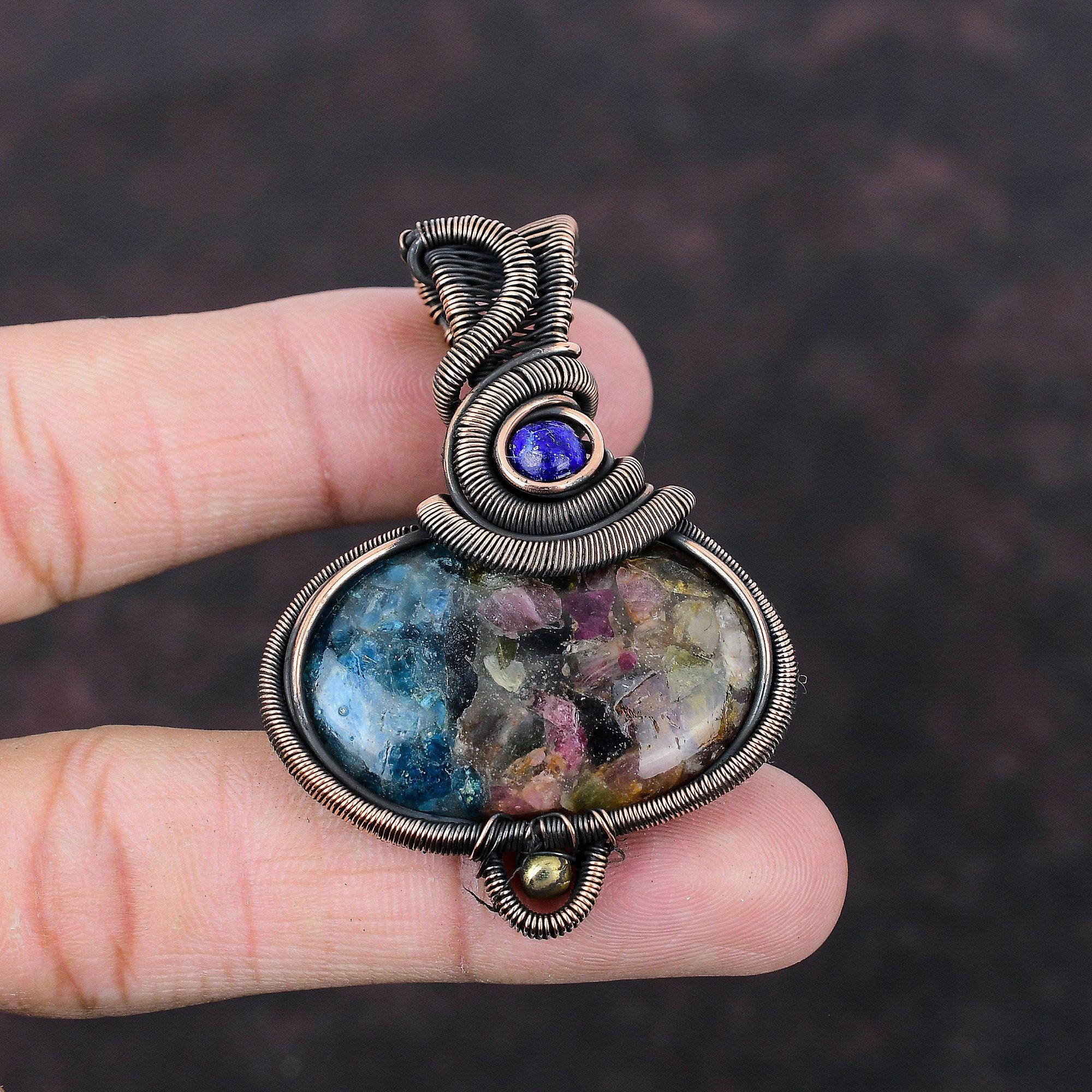 Медный кулон с арбузным турмалином, медная проволочная подвеска, лазуритовая подвеска, драгоценный камень, медные украшения, подарок для мамы, подвеска ручной работы