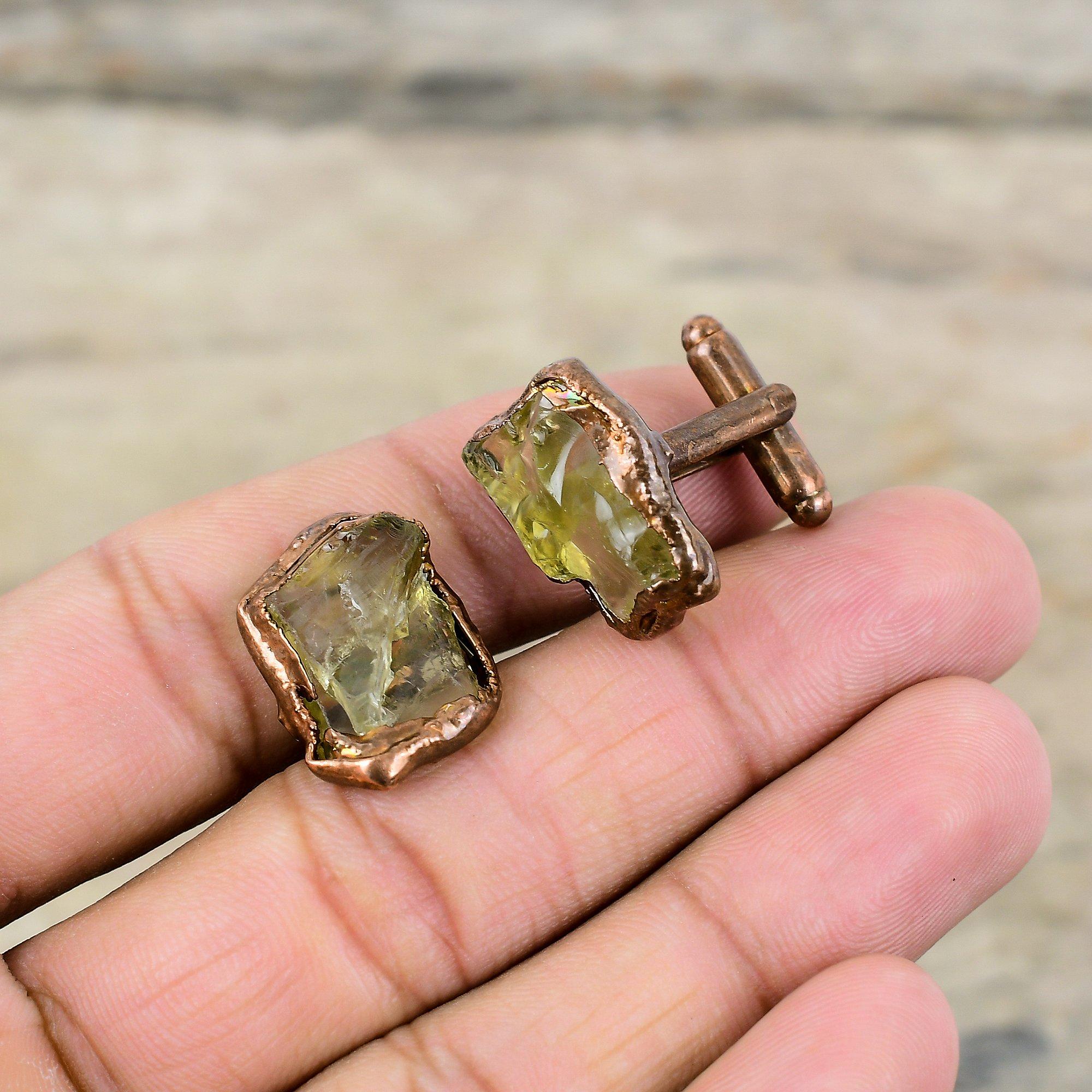 Грубые запонки с цитрином, гальванопластиковые медные запонки, запонки ручной работы с драгоценными камнями, гальванические ювелирные изделия, подарок для мужчин, запонки из грубых камней