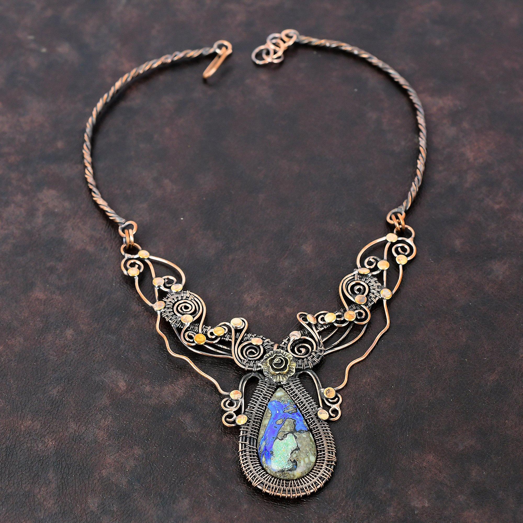 Ожерелье из азурита и малахита, ожерелье из медной проволоки, регулируемое ожерелье, медные украшения ручной работы, изысканное ожерелье из драгоценных камней, подарок на помолвку