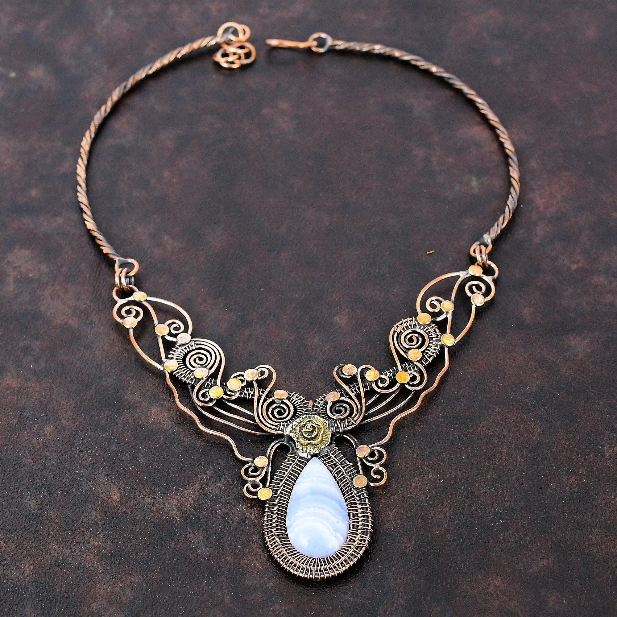 Ожерелье из синего кружева с агатом, ожерелье из медной проволоки, регулируемое ожерелье, ожерелье из драгоценных камней, медное ювелирное изделие, подарок для женщин, ожерелье ручной работы