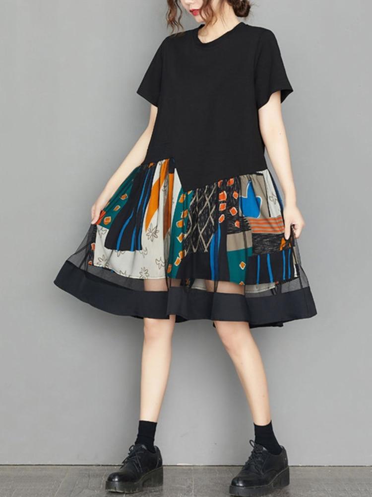 Xitao Лоскутное марлевое повседневное женское платье с индивидуальным принтом DMJ1457