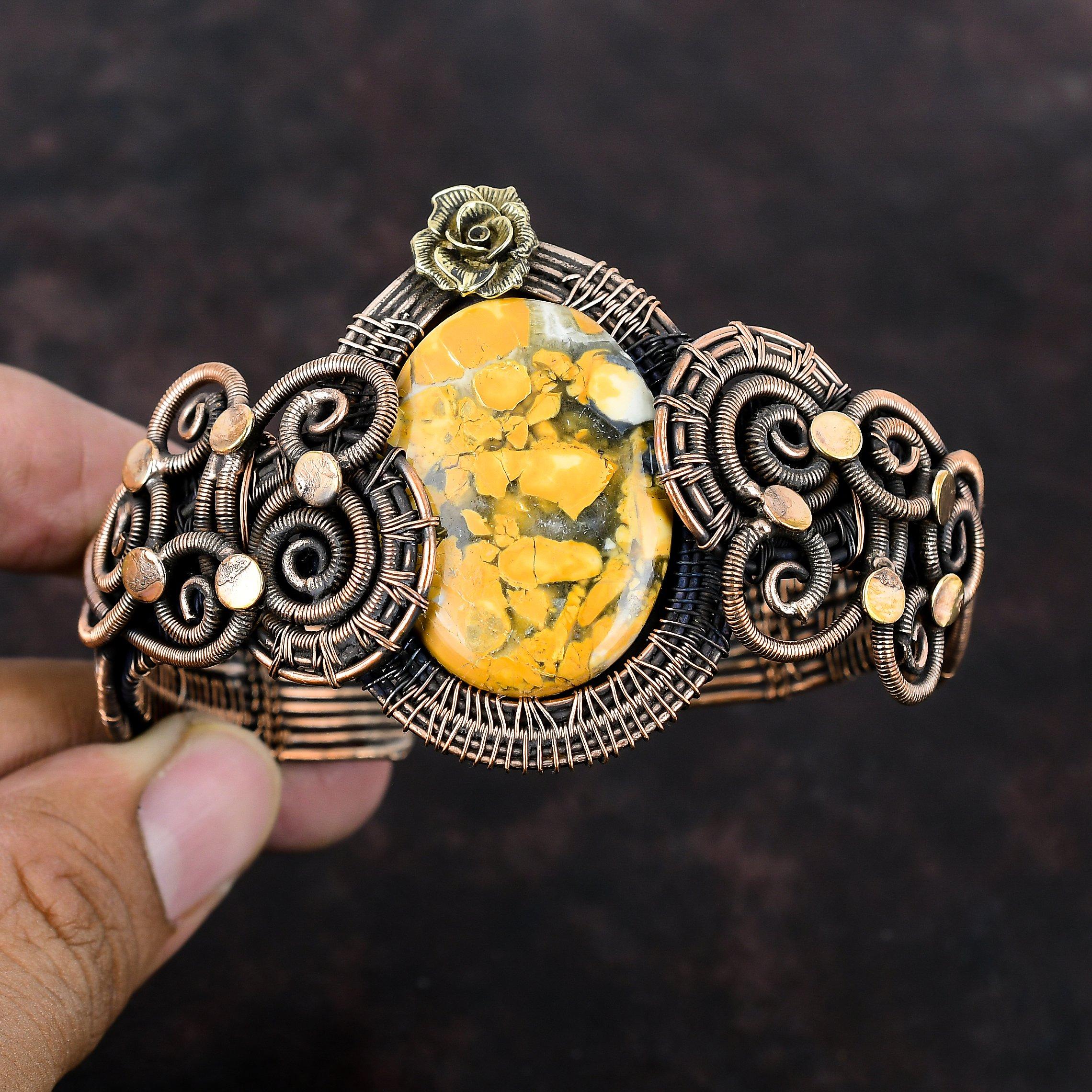 Браслет-манжета из яшмы Малигано, медная проволока, ювелирные изделия из драгоценных камней, регулируемый браслет, браслет с цветами ручной работы, подарок для нее, браслет из медной проволоки