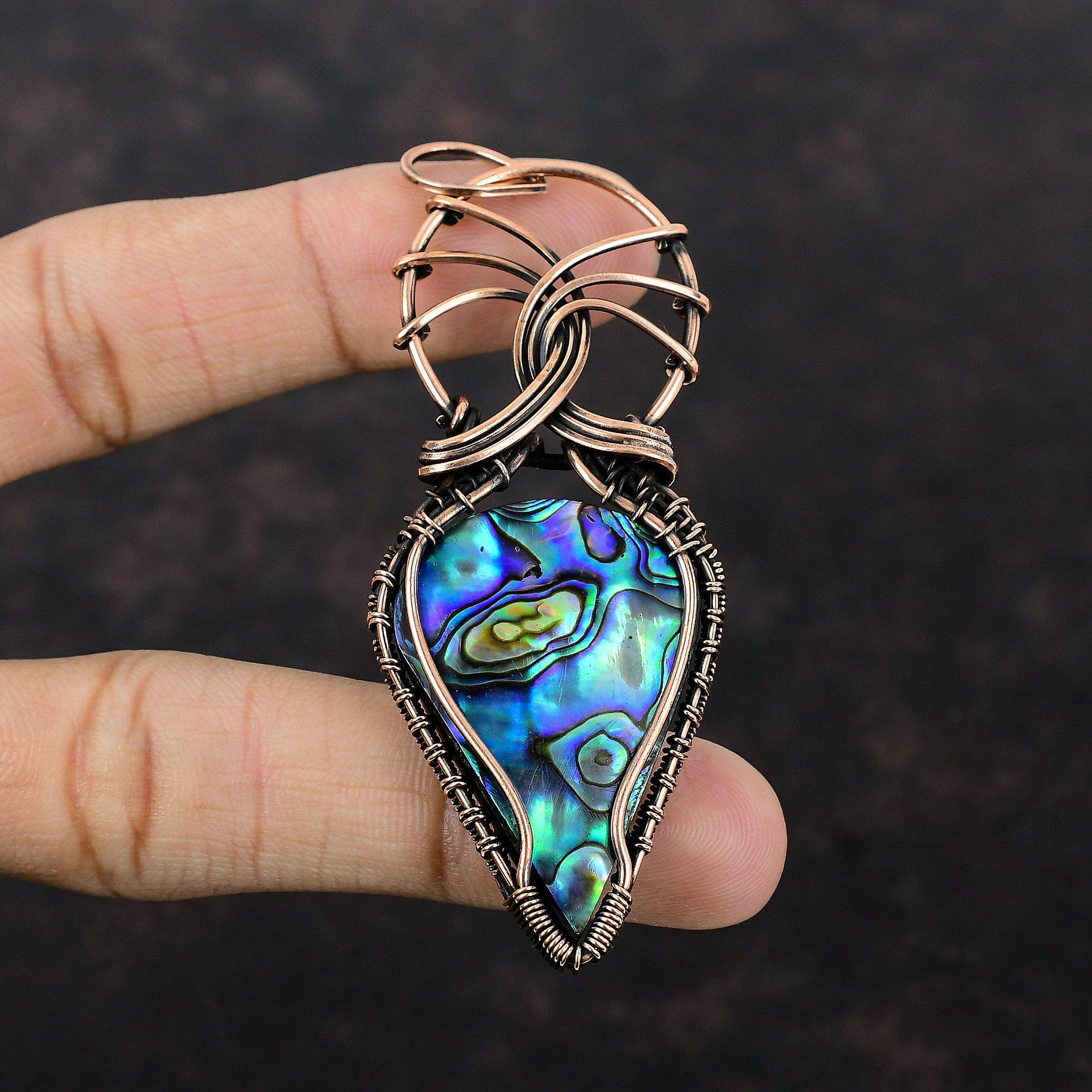 Подвеска из ракушки абалон, подвеска из медной проволоки, подвеска ручной работы, медное ювелирное изделие, подарок для женщин, ювелирные изделия из драгоценных камней, обернутые проволокой, лечебный камень