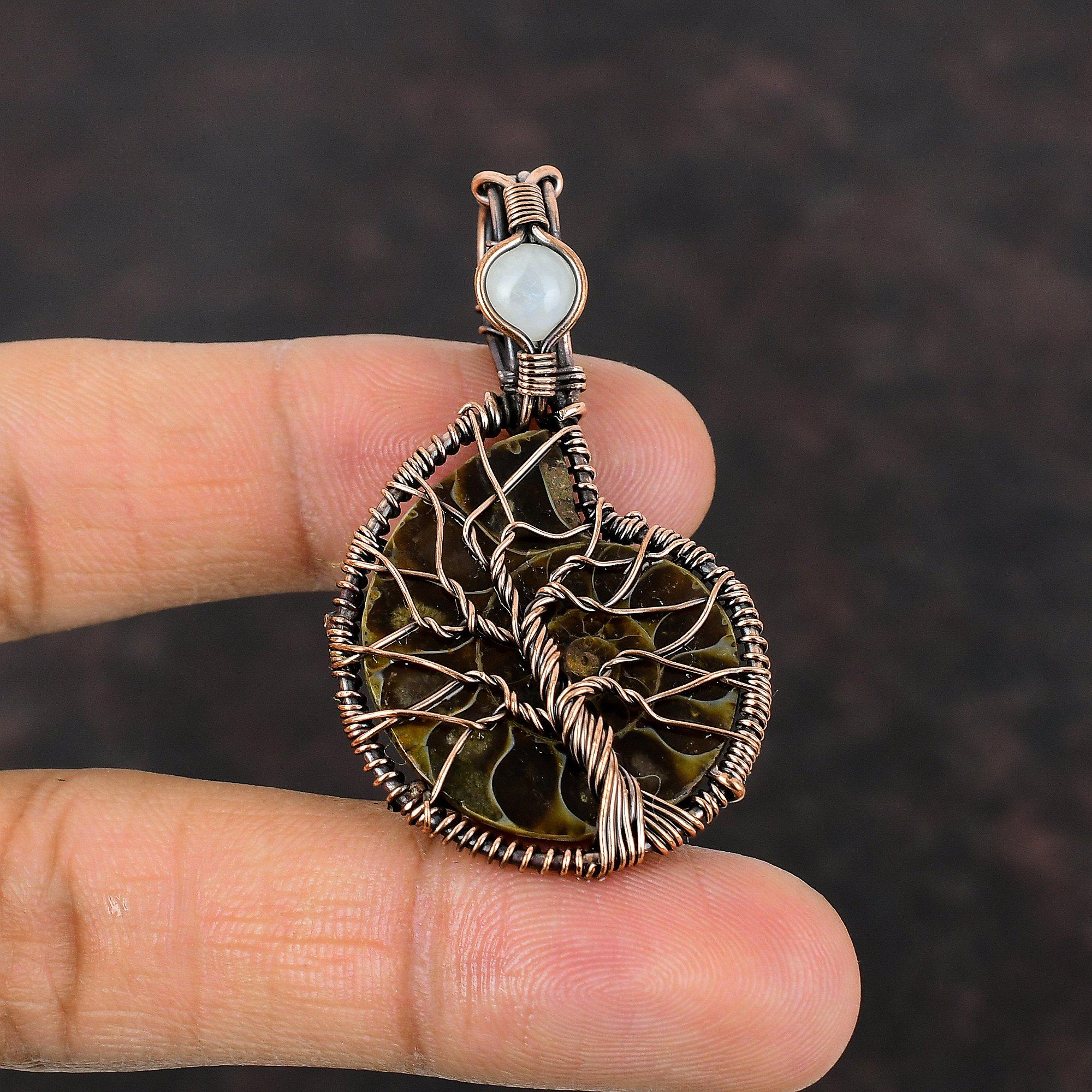 Древо жизни аммонитовый окаменелый кулон медная проволока обернутый кулон радужная лунная подвеска медные украшения кулон ручной работы из настоящего драгоценного камня