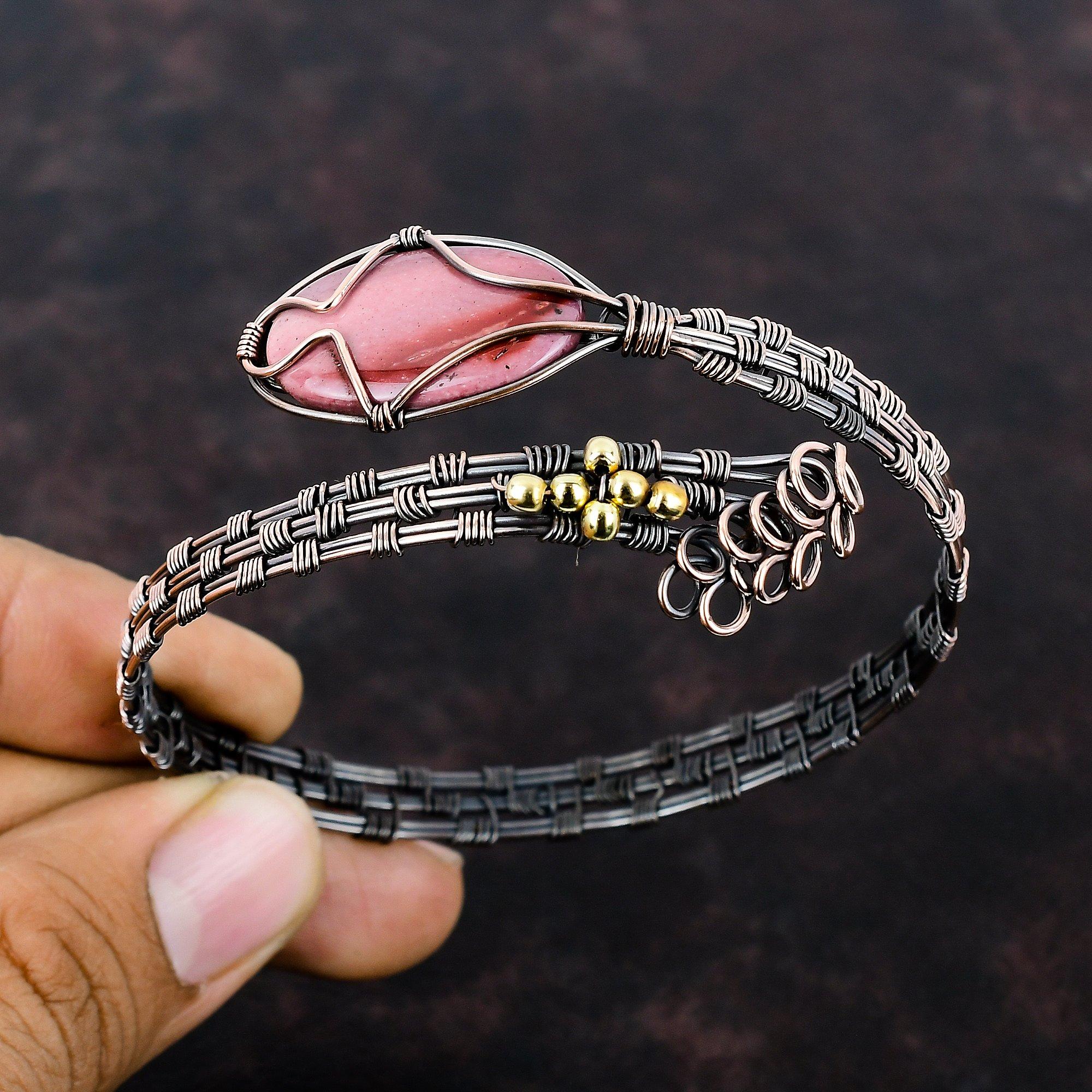 Браслет-манжета из меди Mookaite, обернутый проволокой, с драгоценными камнями, проволочная обертка, регулируемая манжета, ручная работа, медные украшения, браслет-манжета Mookaite