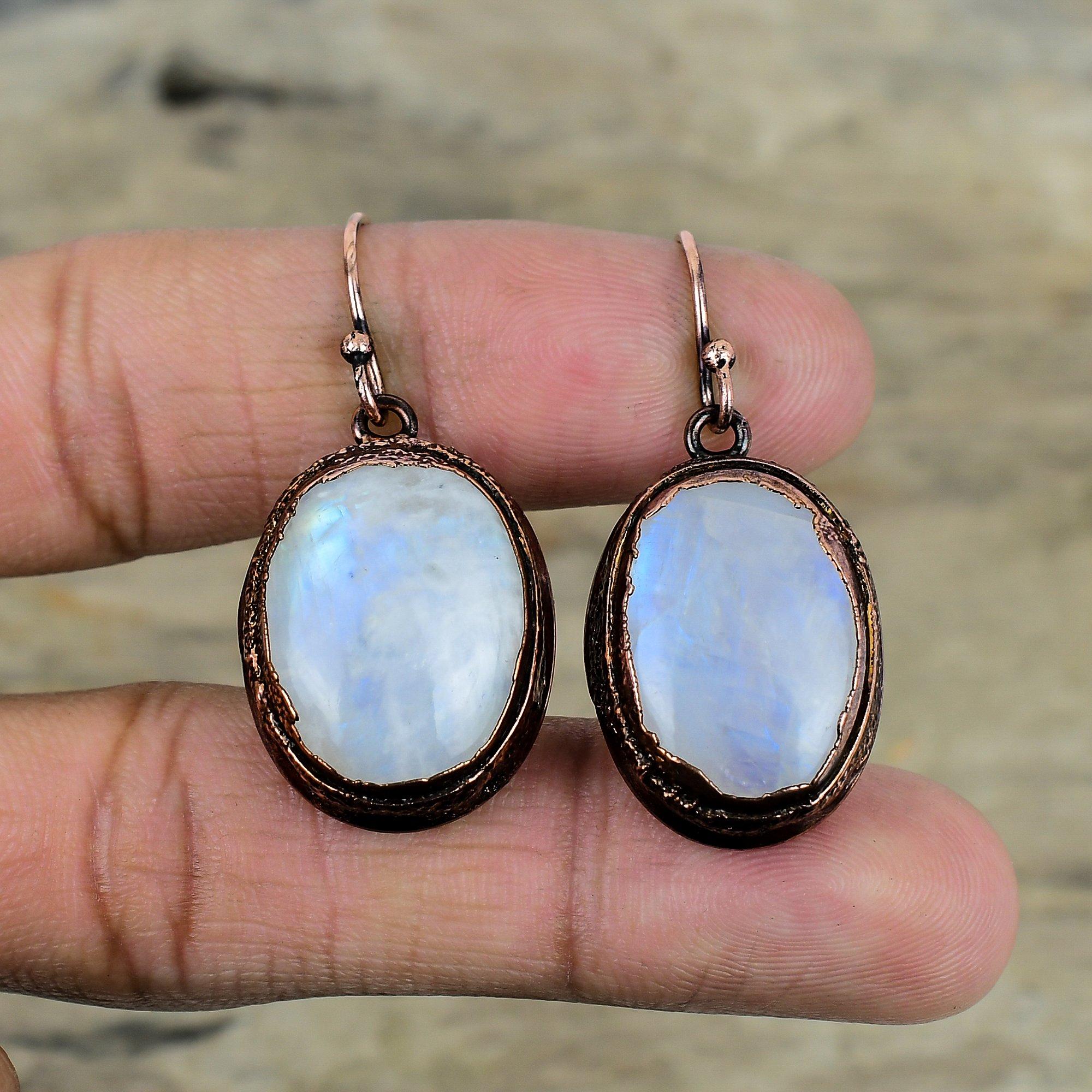 Серьги из радужного лунного камня, медные серьги, изготовленные методом гальванопластики, ювелирные изделия из натуральных драгоценных камней, серьги ручной работы, ювелирные изделия из гальванической меди, подарки для мамы