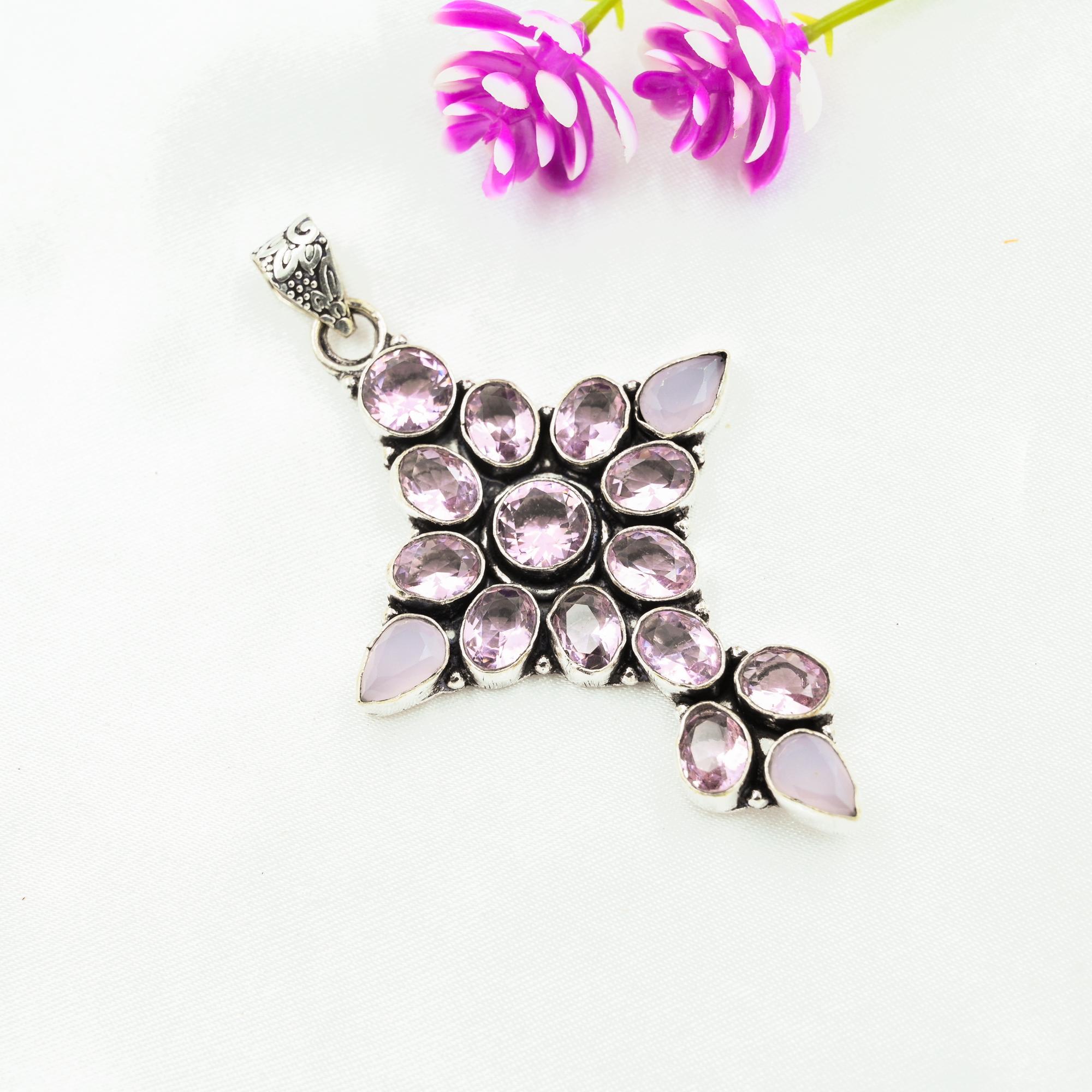 Розовый кунцит, розовый халцедон кулон, 925 цельное серебро кулон ручной работы драгоценные камни ювелирные изделия, подарки для жены абсолютно новый кулон