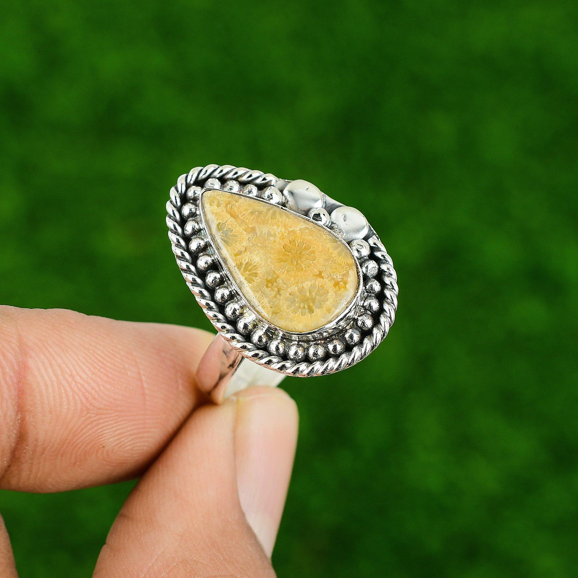 925 Sterling Silver Fossil Coral Stone Elegant Boho Statement Bezel Ring Jewelry
