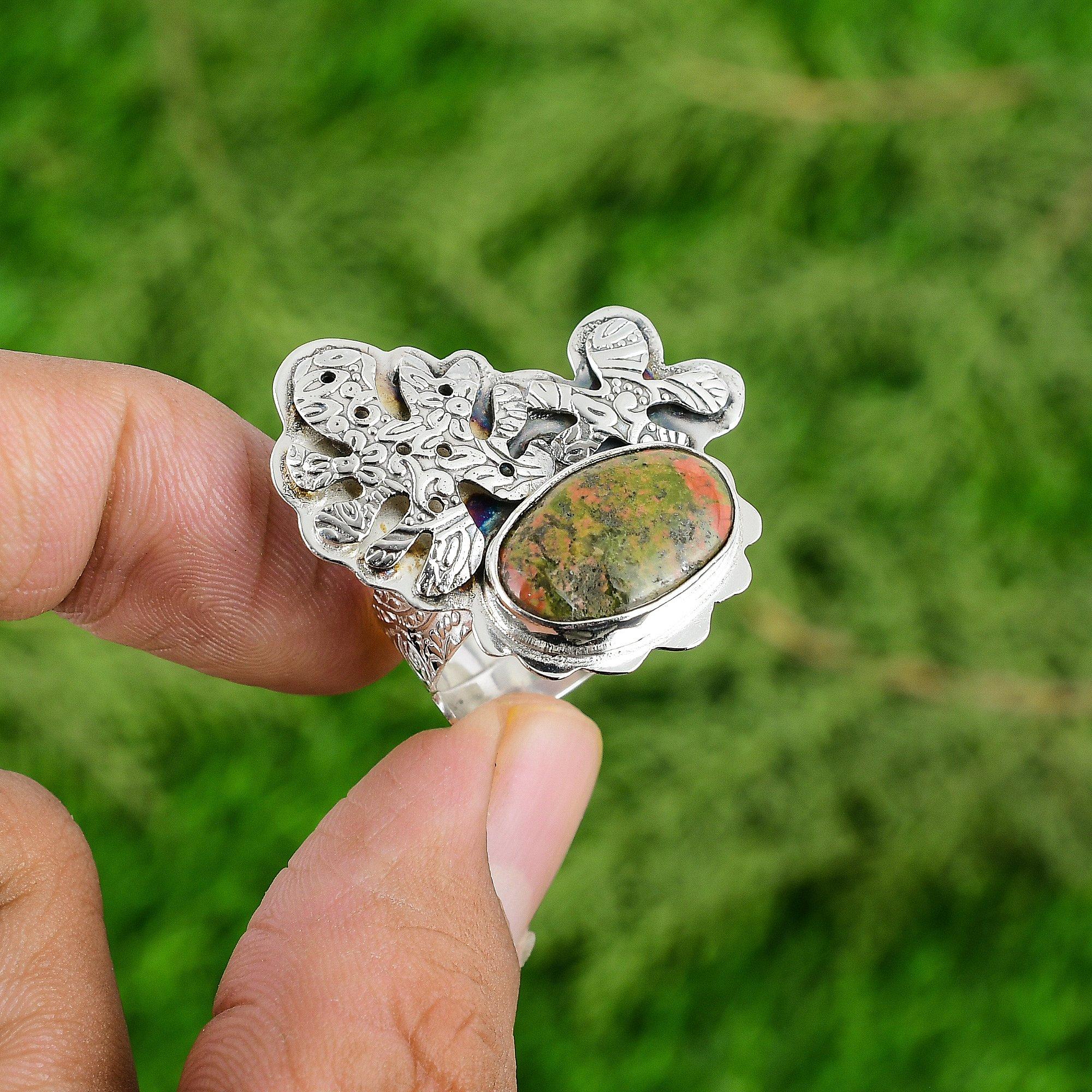 Mothers day Sale Heart Chakra Unakite Gemstone Bezel Daughter Ring 925 Silver