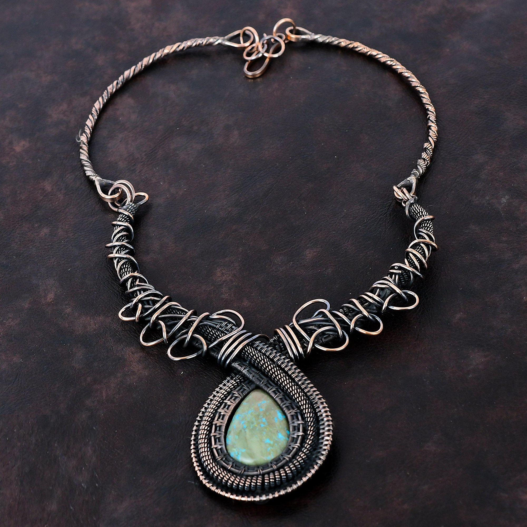 Chrysocolla Gemstone Necklace Copper Wire Wrapped Necklace Handmade Necklace Copper Jewelry Adjustable Necklace Gift For Mom Amazing Jewelry