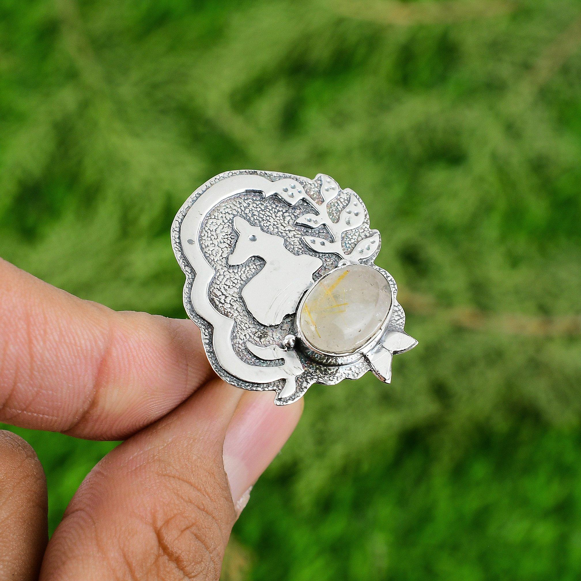 Sterling Silver Natural Golden Rutile Solitaire Promise Statement Ring Jewelry