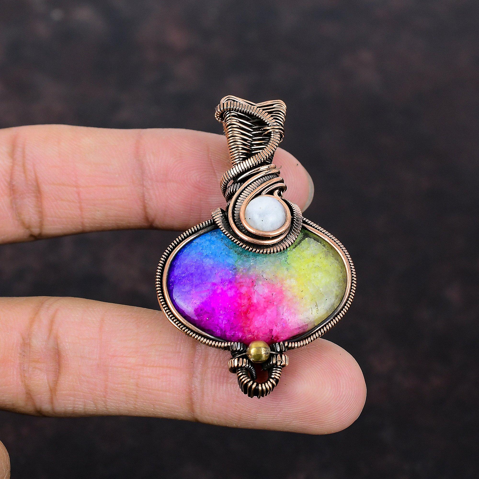 Подвеска Rainbow Solar Quartz Druzy, подвеска Rainbow Moonstone, подвеска из медной проволоки, обернутая драгоценным камнем, медные украшения для подарка, ювелирные изделия ручной работы