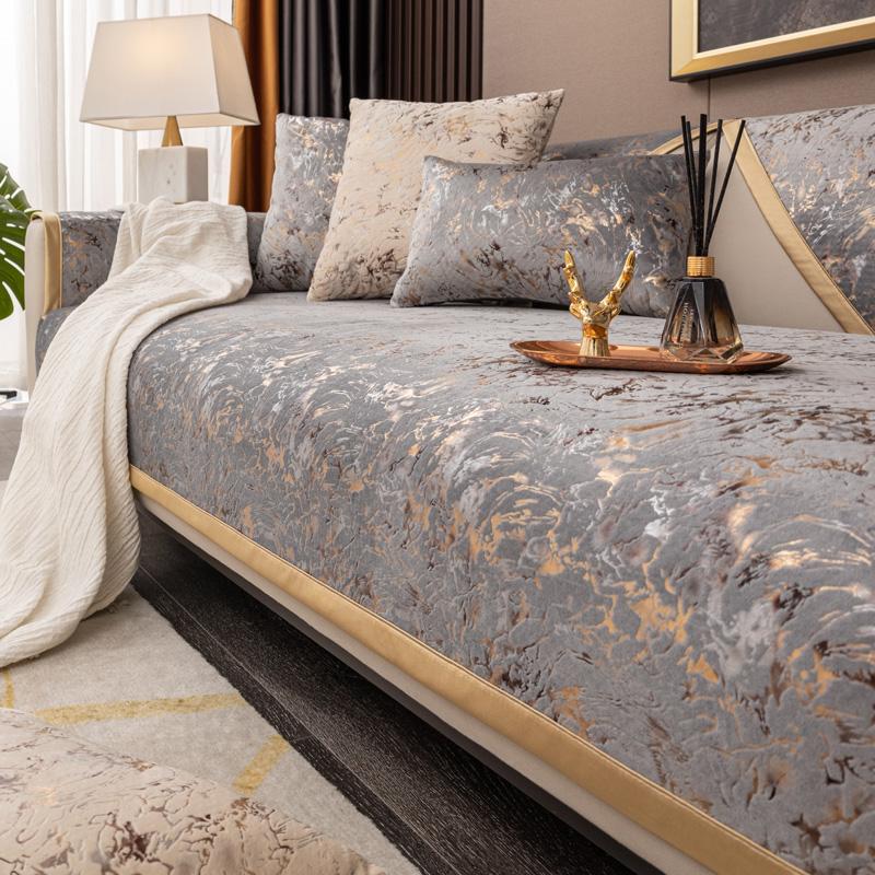 Gilded Pattern Dutch Velvet Sofa Covers Sofas Towel Anti-slip Couch Protector Slipcover Sofa Blanket for Living Room Yellow Edge