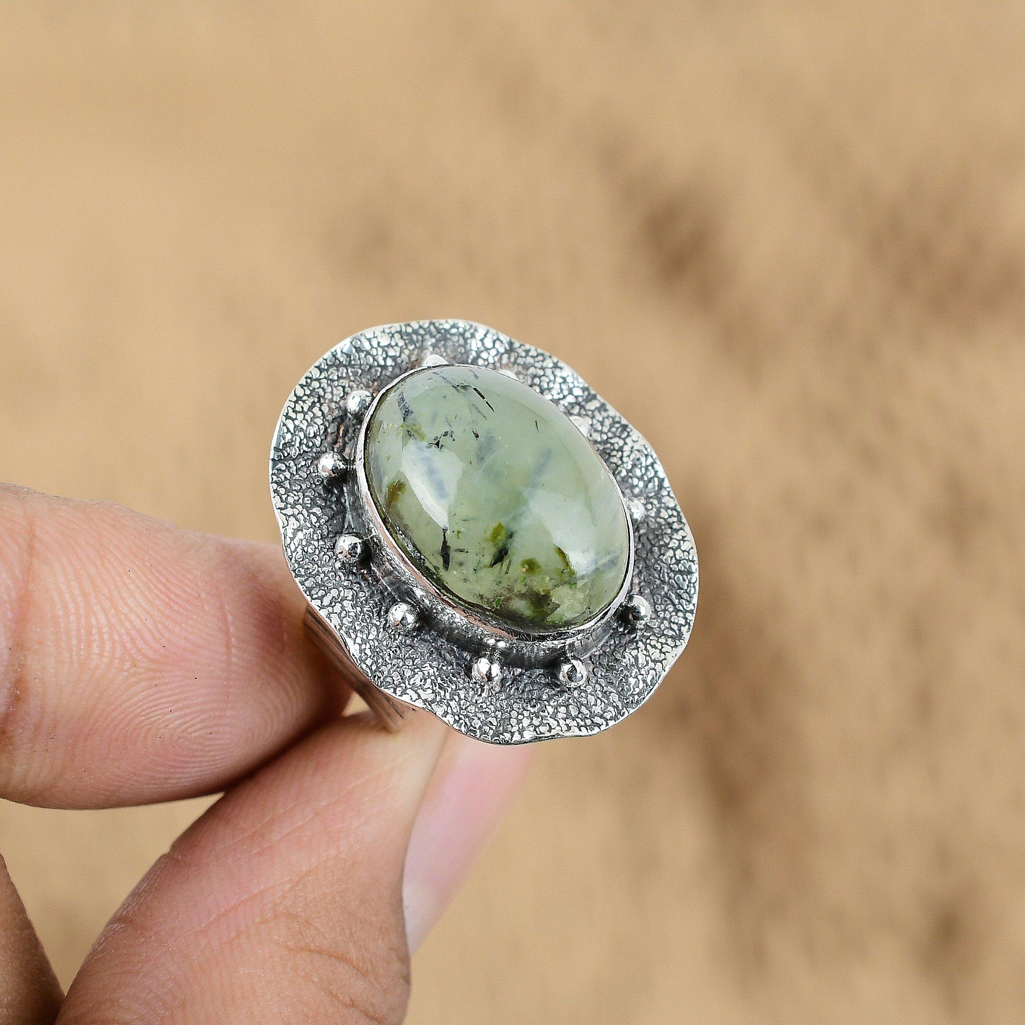 Распродажа ко Дню матери Кольцо ручной работы из стерлингового серебра 925 пробы с моховым пренитом, размер 6