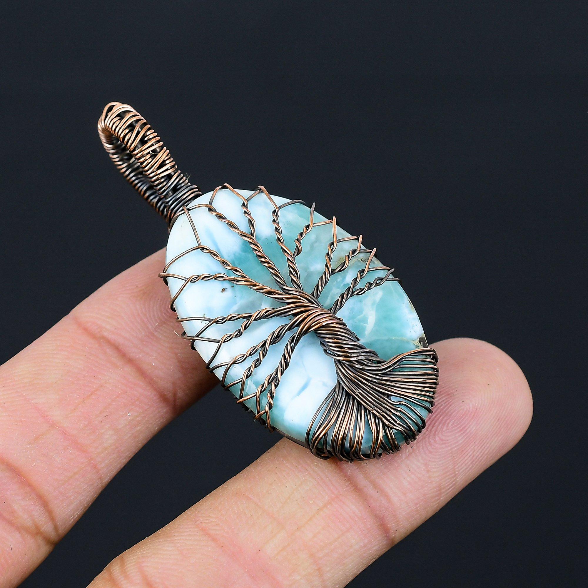 Tree Of Life Larimar Gemstone Pure Copper Wire Wrapped Handmade Pendant Jewelry For Her