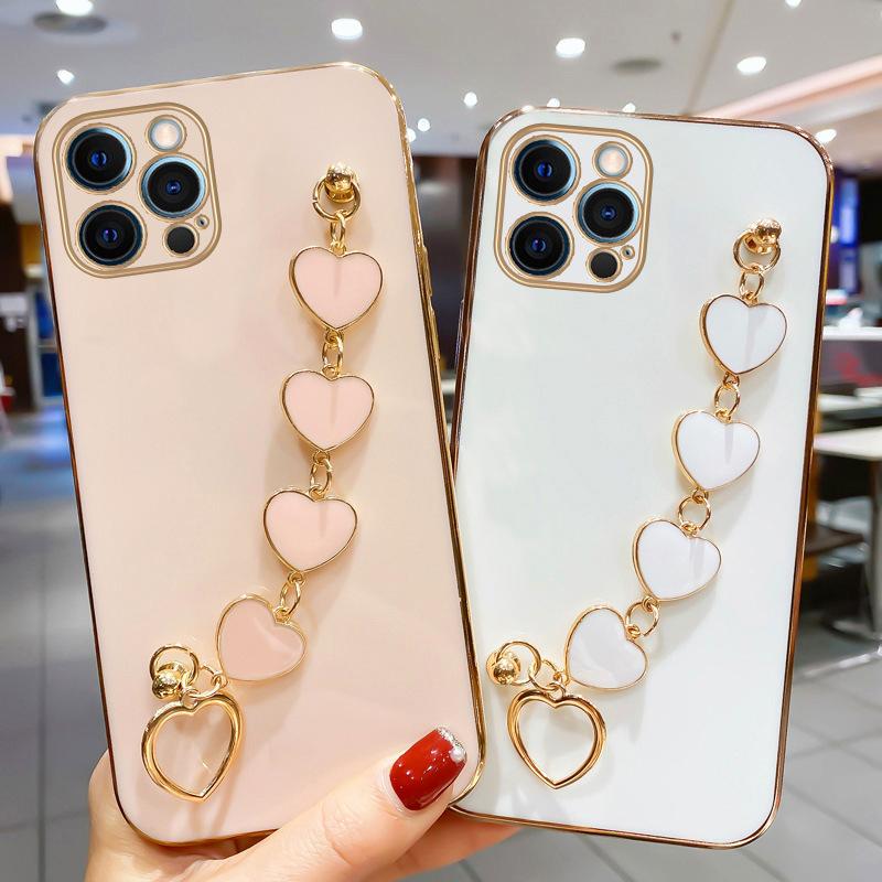 Plating Soft Silicone Phone Case For iPhone 11 15 16 Moto G22 G30 G55 OnePlus Nord CE 2 5G Samsung A14 A15 A55 With Bracelet Love Heart Covers