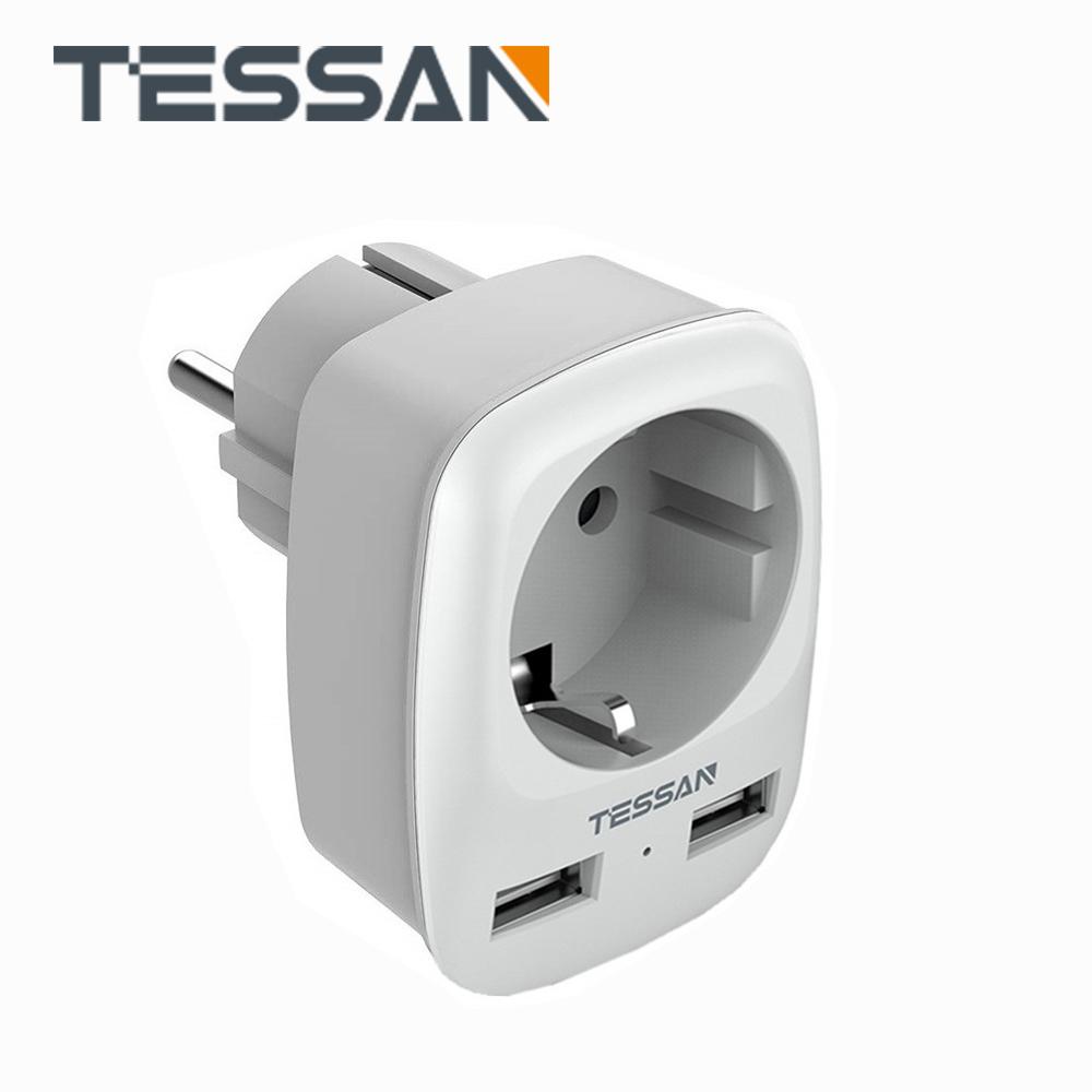 Tessan Компактная розетка с 2 портами USB, адаптером европейского стандарта 3 в 1 с защитой от перегрузки для офиса, дома, путешествий