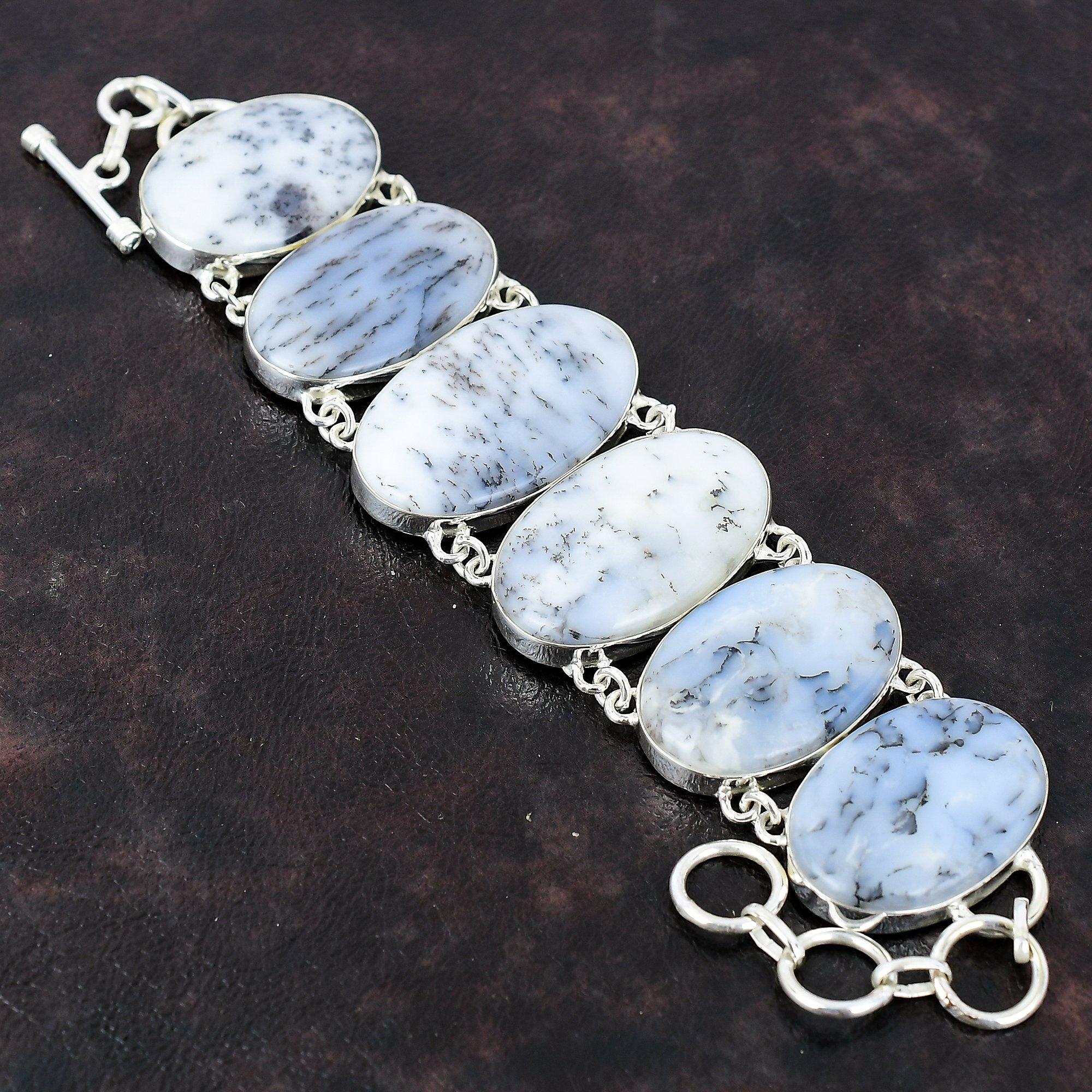 Браслет с дендритом и опалом, ювелирные изделия из натуральных драгоценных камней, приличный браслет ручной работы, браслет из стерлингового серебра 925 пробы, регулируемый браслет-цепочка, свадебный подарок