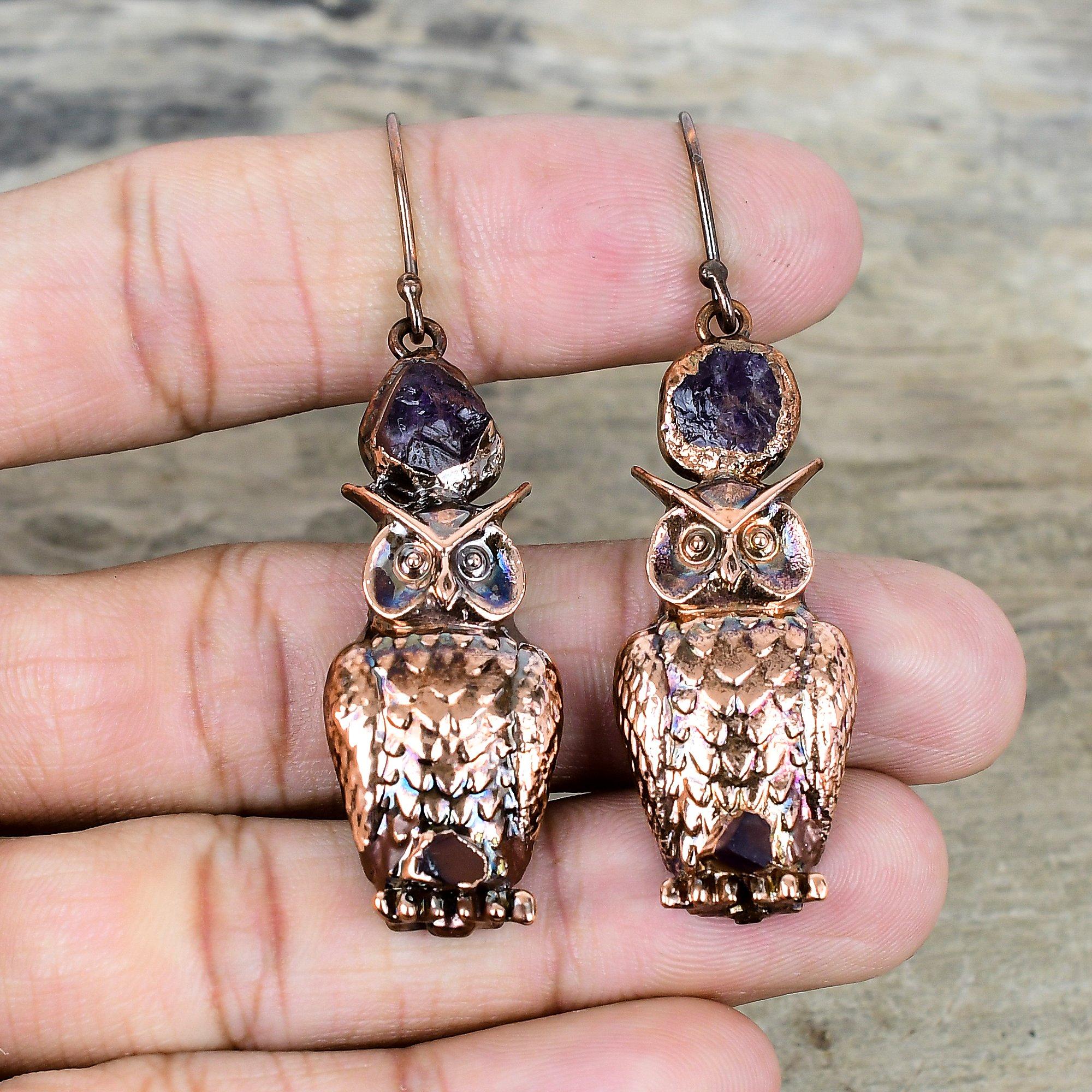 African Amethyst Rough Earring Electroformed Copper Earrings Amazing Owl Earring Handmade Gemstone Jewelry Gifts for Her Brand New Earring
