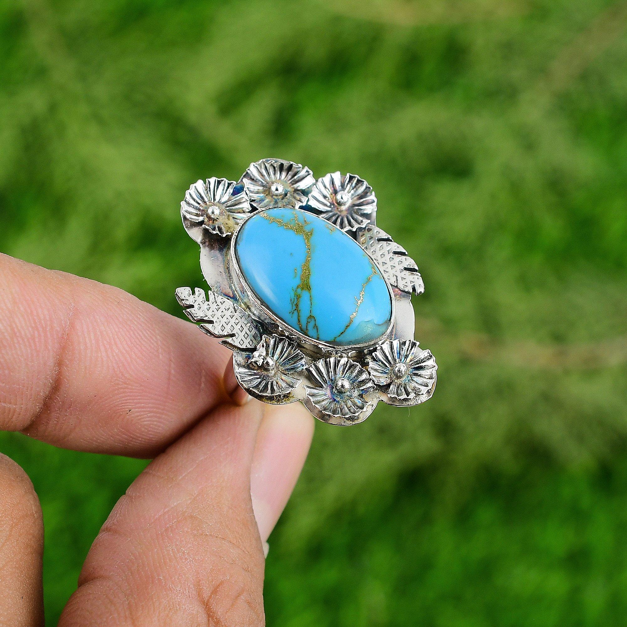 Кольцо-солитер в виде цветка из натуральной меди с аризонской бирюзой, регулируемое, серебро 925 пробы
