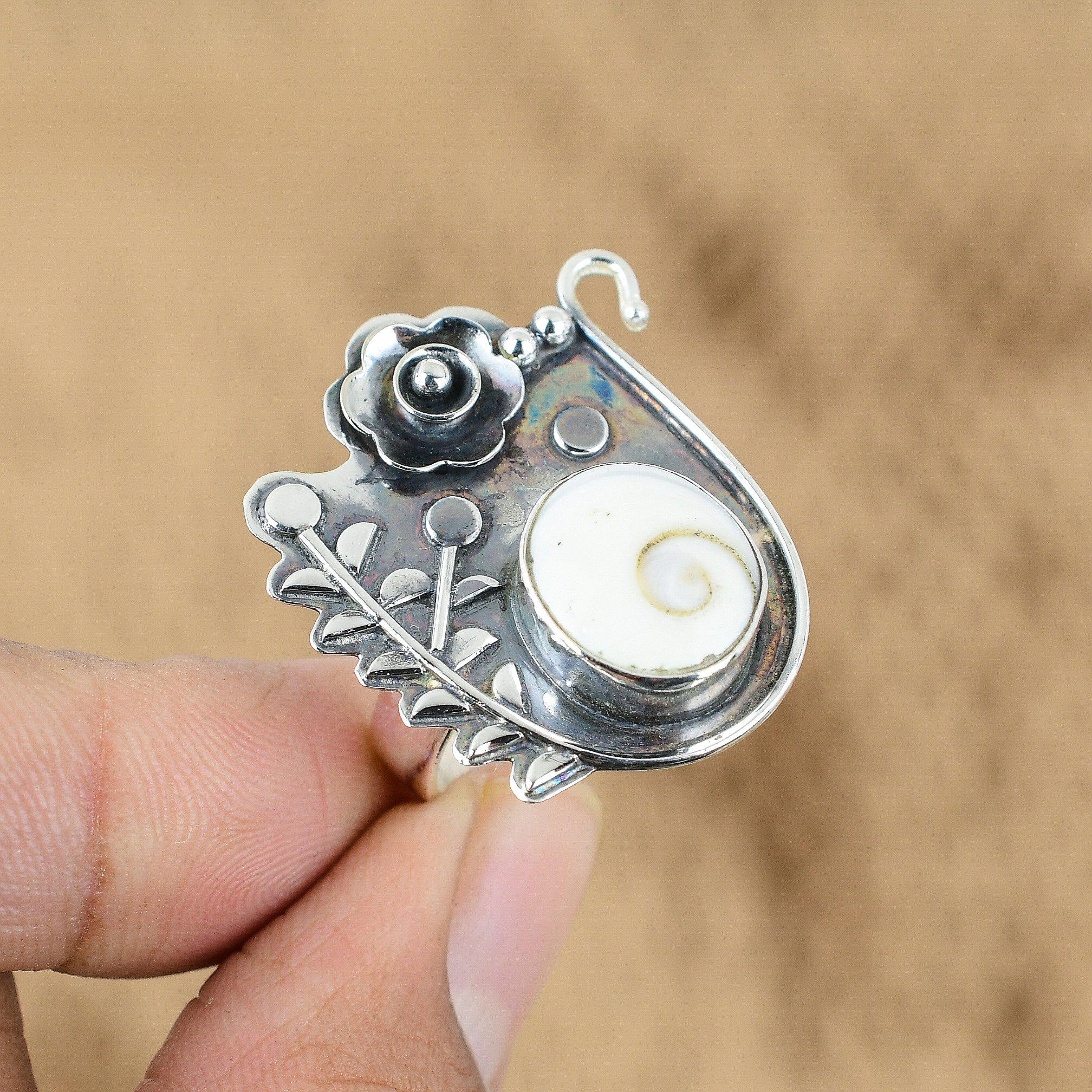 Shiva Eye Shell Gemstone 925 Sterling Silver Statement Boho Flower Promise Ring