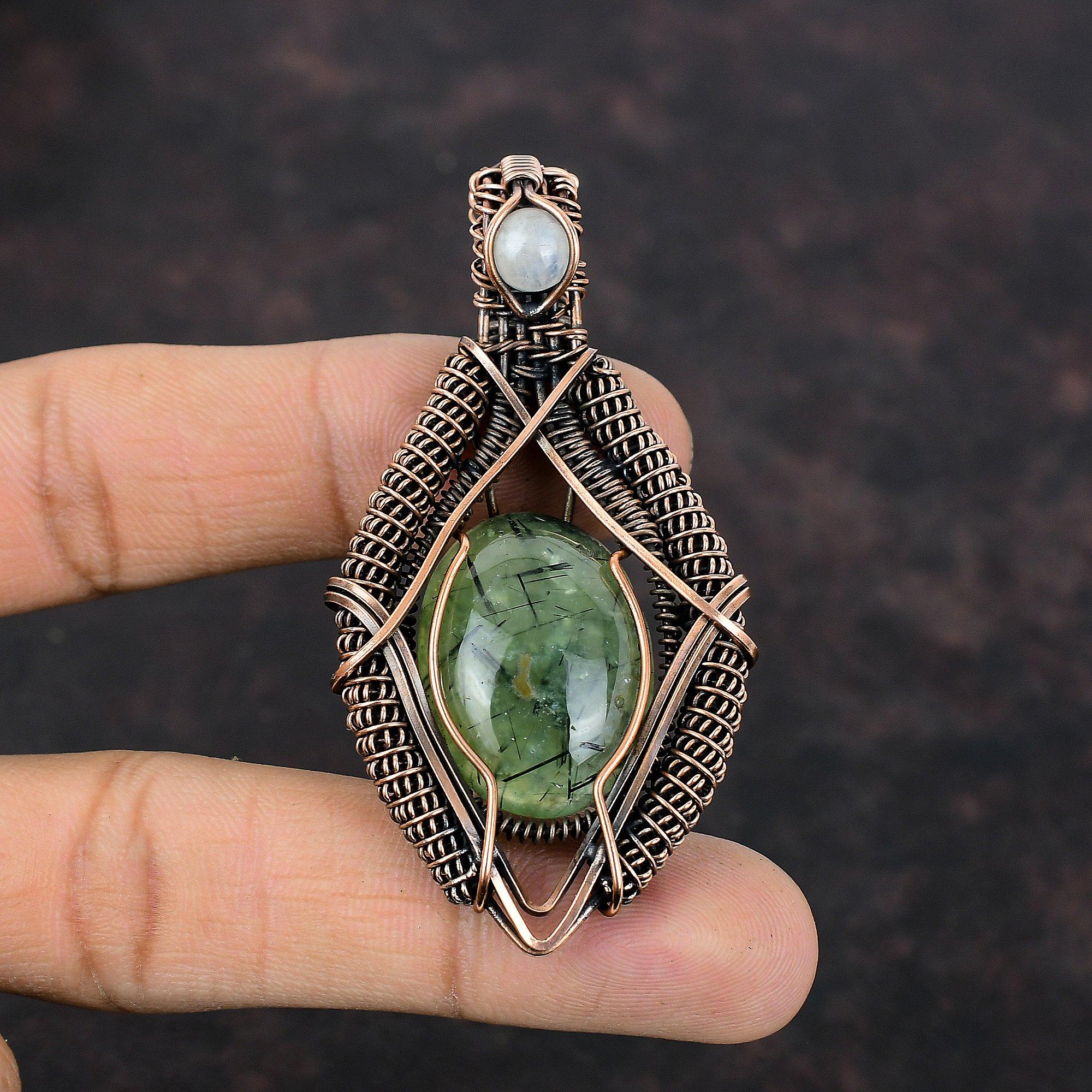 Подвеска из мха-пренита, медная проволока, кулон с драгоценным камнем, ювелирные изделия ручной работы, подвеска из проволоки с радужным лунным камнем, подарок для мамы, медные украшения