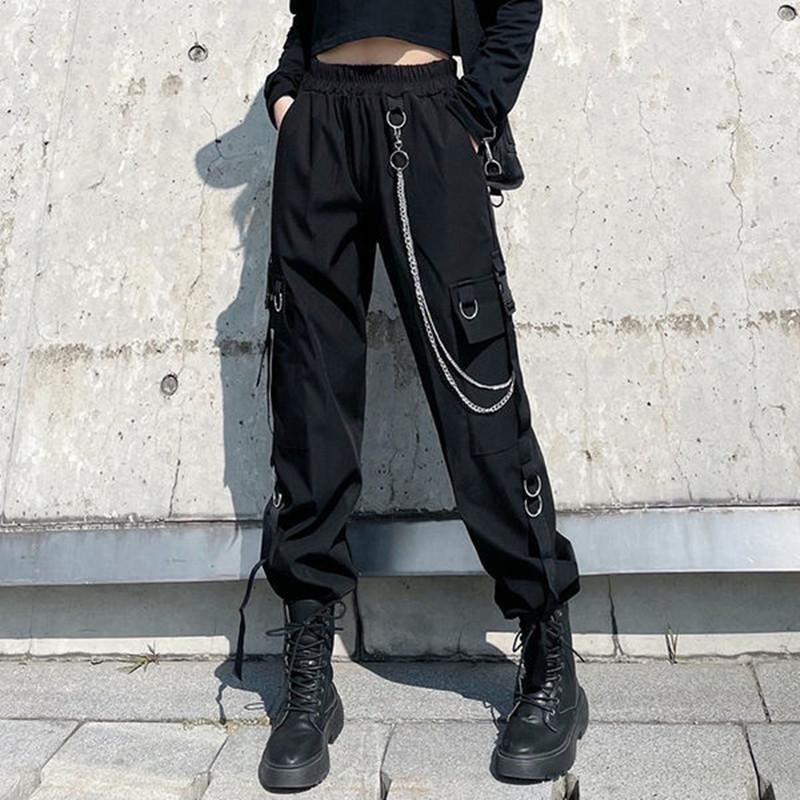 Black Cargo Pants Women Chain Trousers Female Streetwear