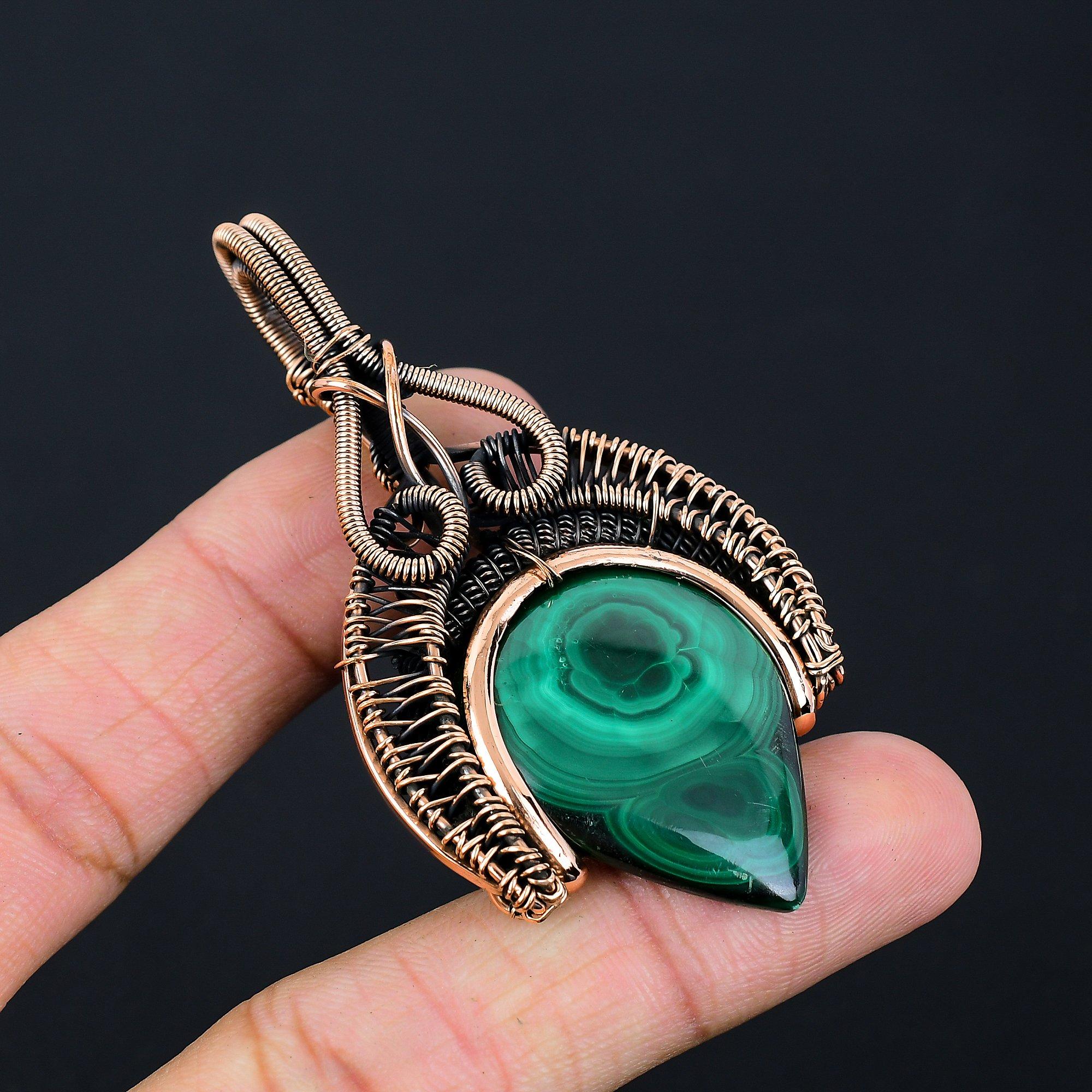 Malachite Gemstone Handmade Pure Copper Wire Wrapped Pendant Jewelry For Memorial Day
