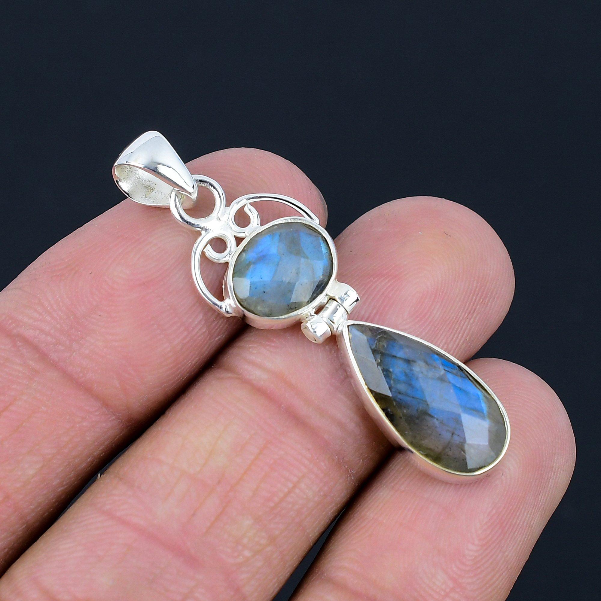 Подвеска из натурального лабрадорита, серебро 925 пробы, драгоценный камень грушевидной формы, подвеска из двух камней ручной работы, ювелирный подарок на День святого Валентина