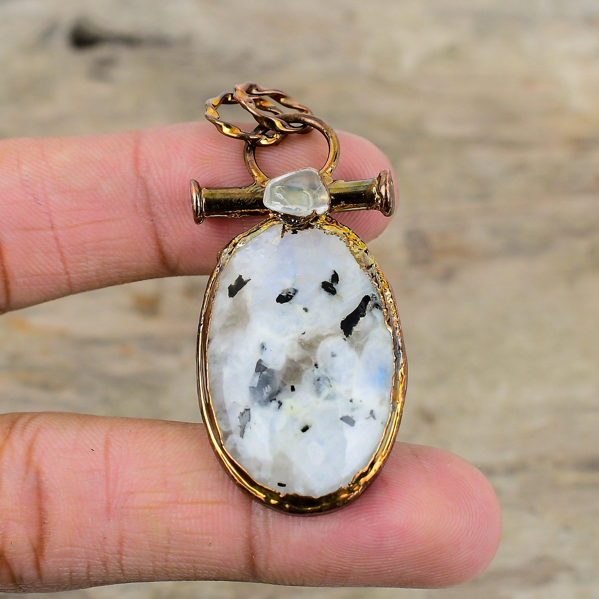 Кулон Rainbow Moonstone, гальванопластическая медная подвеска, изящная подвеска из драгоценного камня, гальванопластическая бижутерия, подарок на годовщину, подвеска ручной работы в стиле бохо
